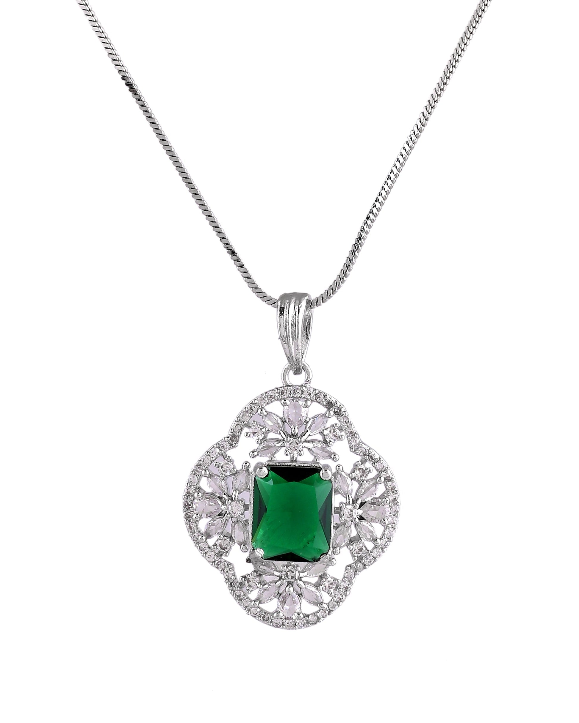 VOJ Silver Plated Green Rectangular Shaped Ad Chain Set  Grab2Buy VOJ Grab2Buy