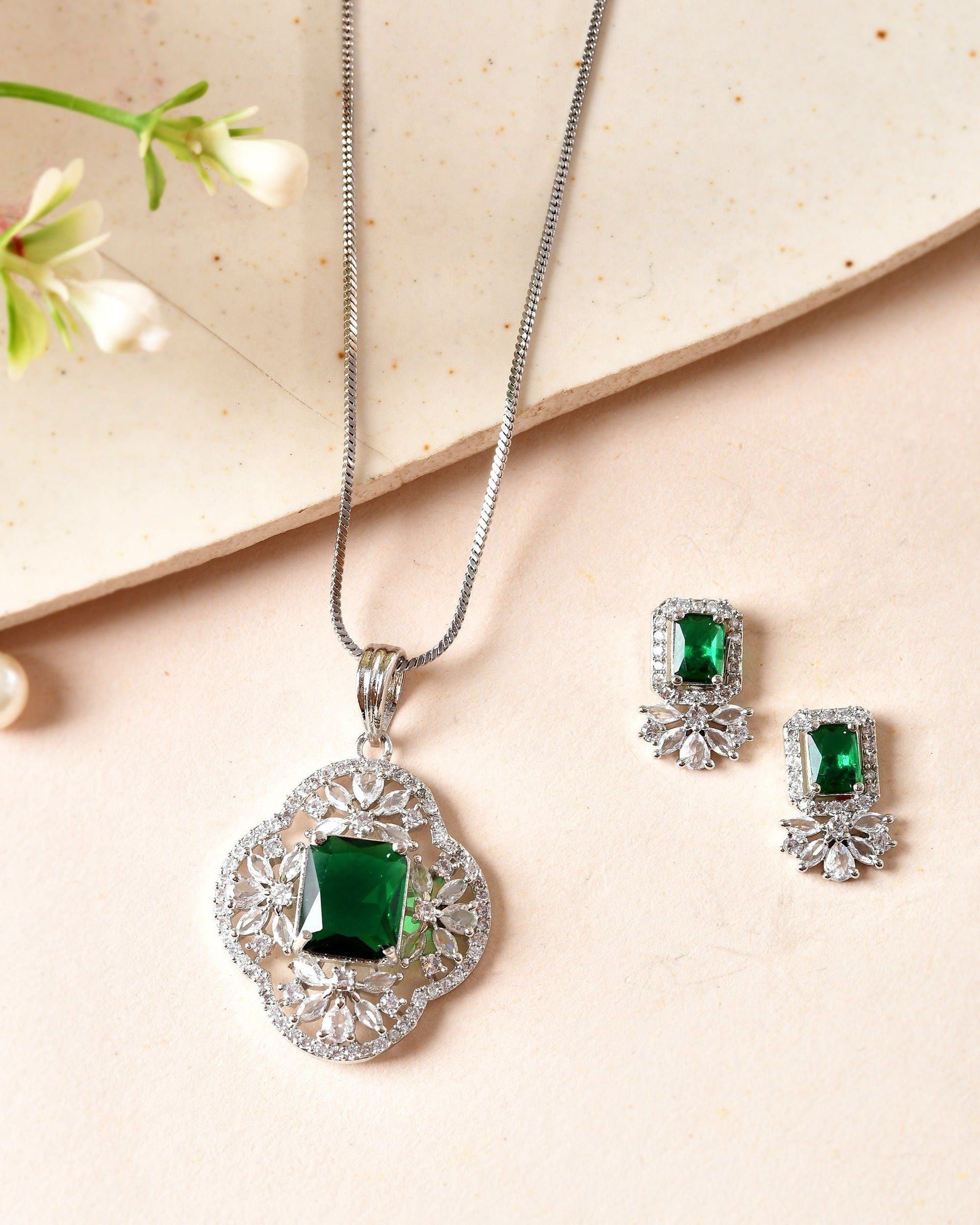 VOJ Silver Plated Green Rectangular Shaped Ad Chain Set  Grab2Buy VOJ Grab2Buy
