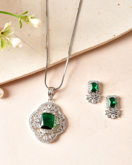 VOJ Silver Plated Green Rectangular Shaped Ad Chain Set  Grab2Buy VOJ Grab2Buy