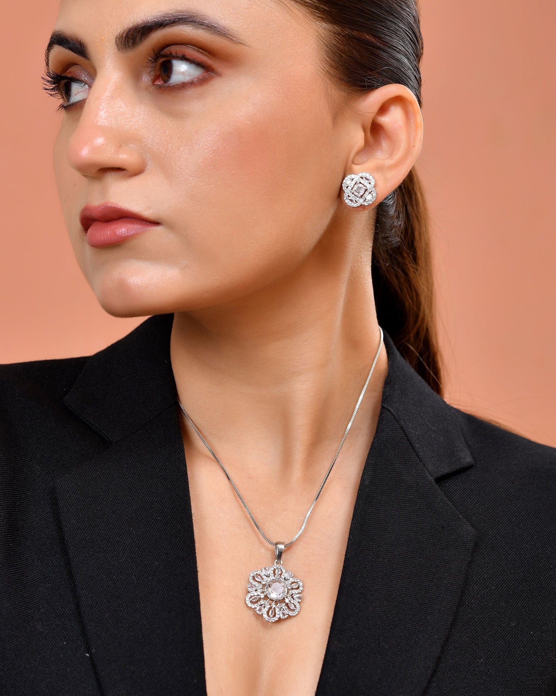 VOJ Silver Plated Circular Shaped Floral Ad Chain Set  Grab2Buy VOJ Grab2Buy