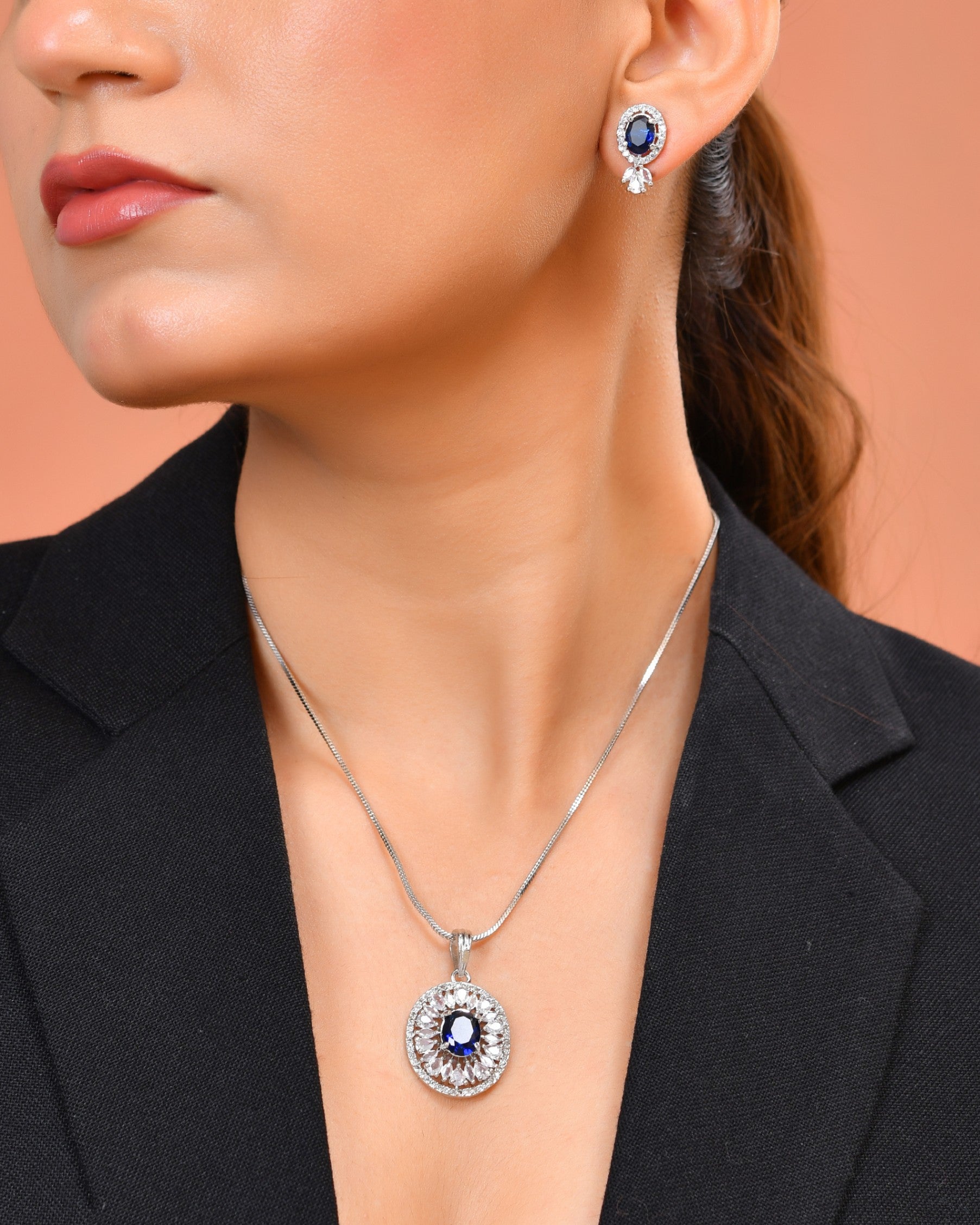 VOJ Silver Plated Oval Shaped Blue Stone Studded Ad Chain Set  Grab2Buy VOJ Grab2Buy