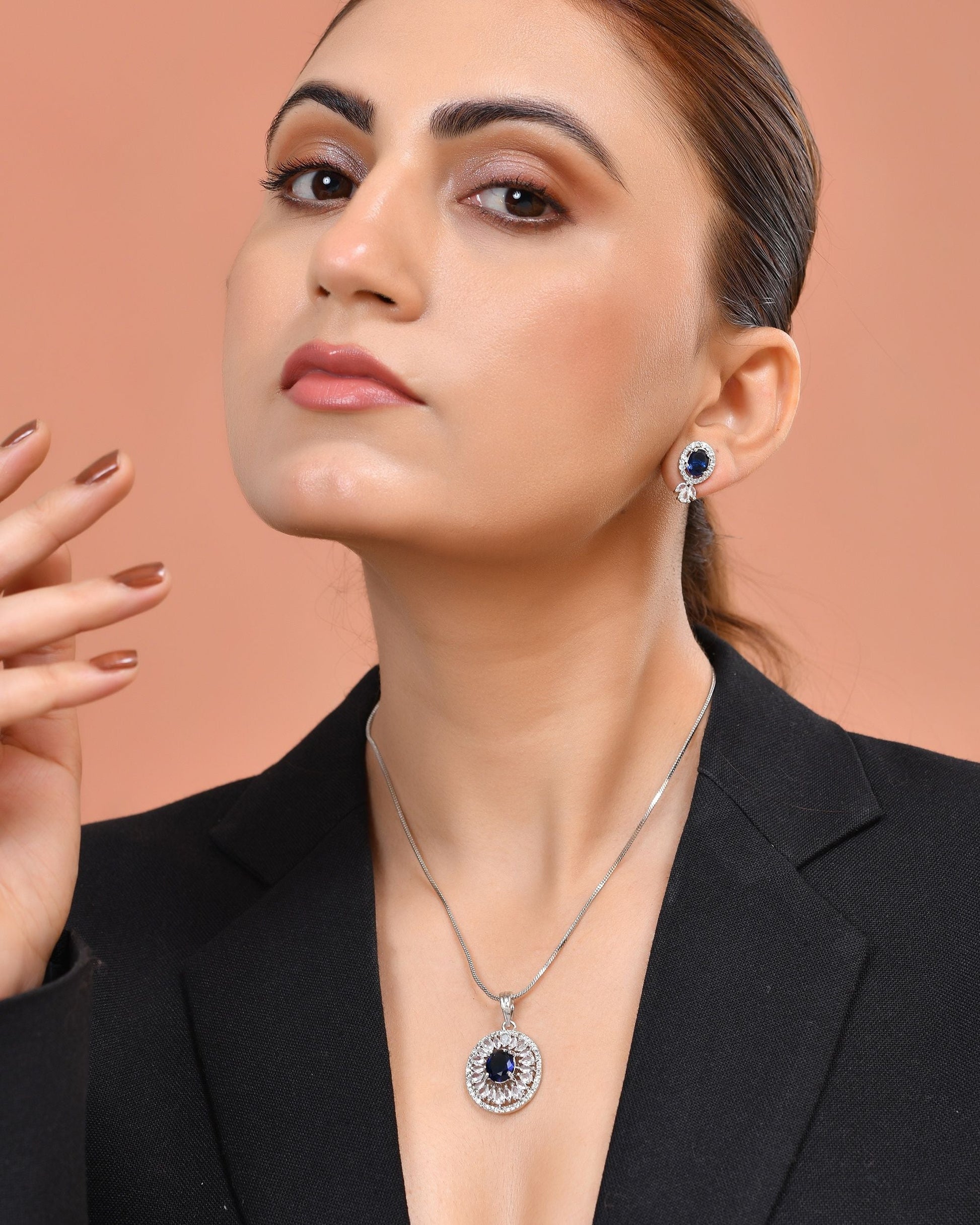 VOJ Silver Plated Oval Shaped Blue Stone Studded Ad Chain Set  Grab2Buy VOJ Grab2Buy