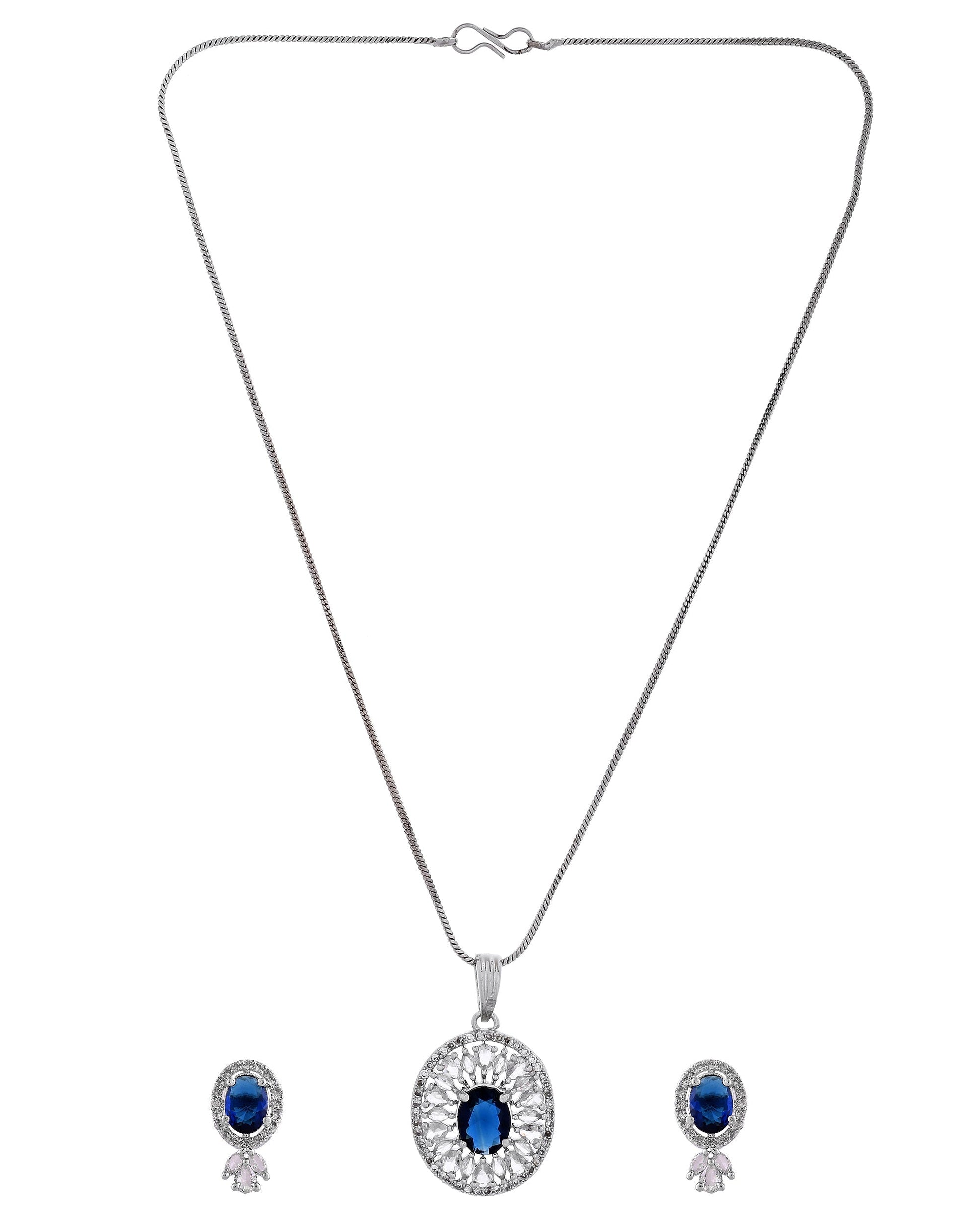 VOJ Silver Plated Oval Shaped Blue Stone Studded Ad Chain Set  Grab2Buy VOJ Grab2Buy