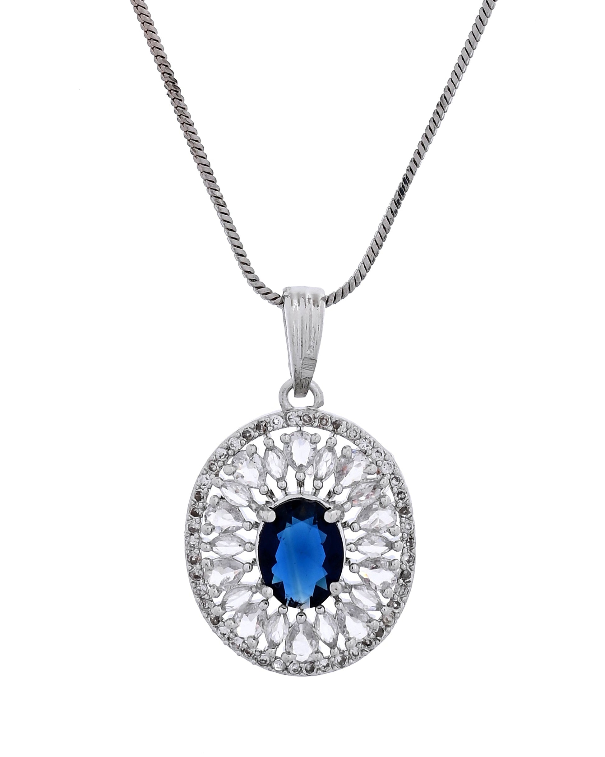 VOJ Silver Plated Oval Shaped Blue Stone Studded Ad Chain Set  Grab2Buy VOJ Grab2Buy