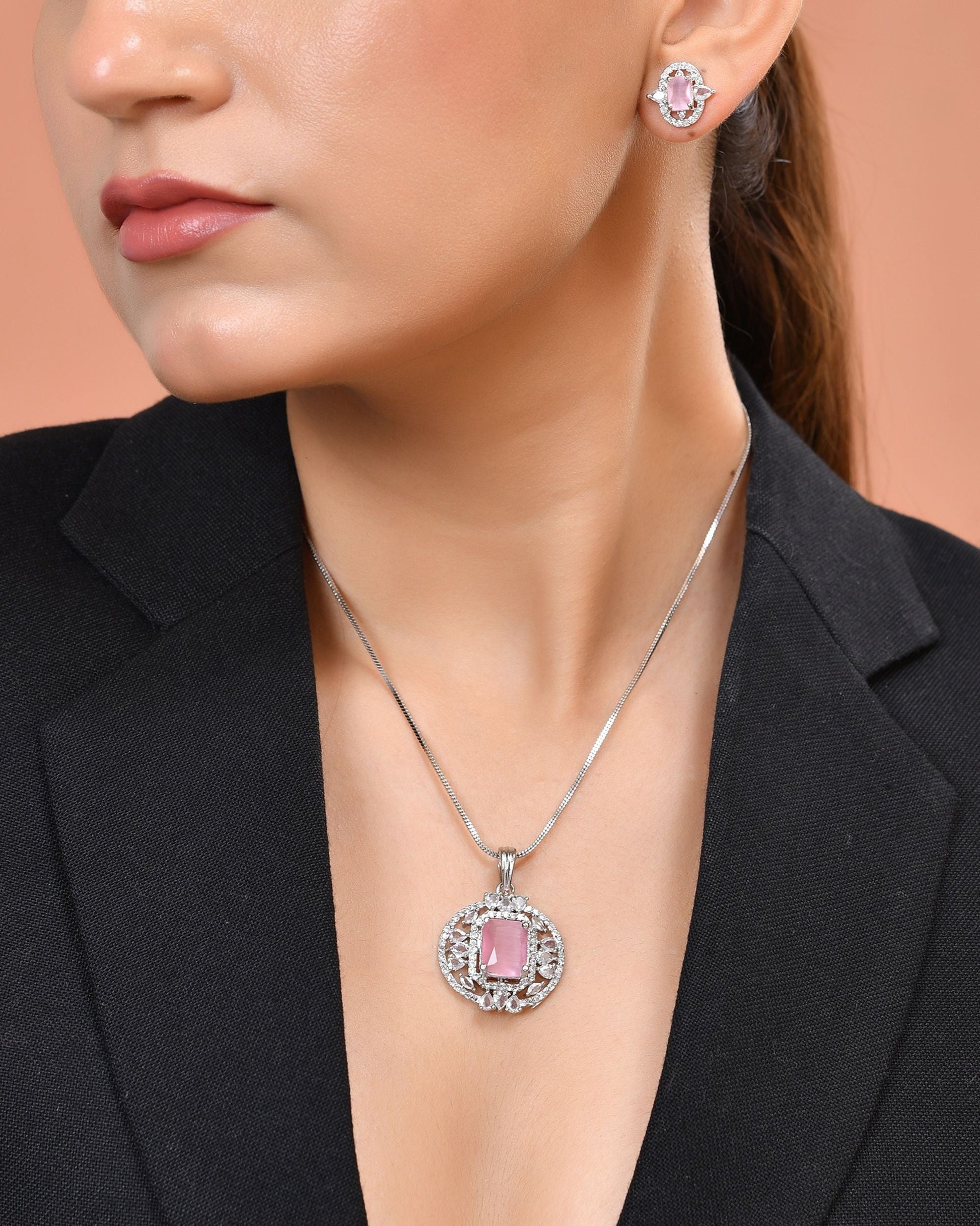 VOJ Silver Plated Baby Pink Rectangular Shaped Ad Chain Set  Grab2Buy VOJ Grab2Buy
