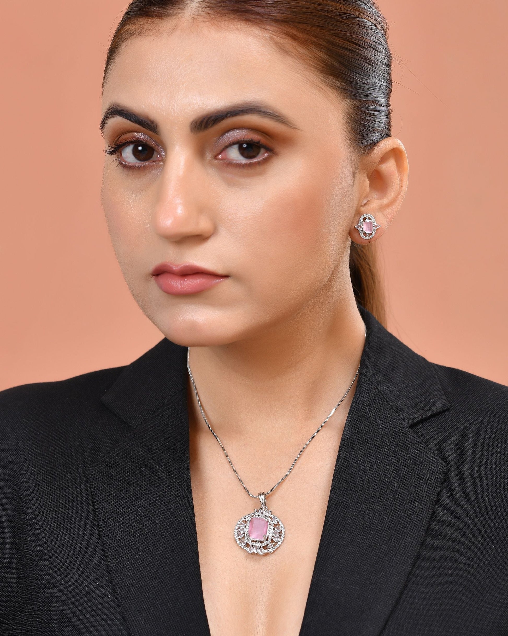 VOJ Silver Plated Baby Pink Rectangular Shaped Ad Chain Set  Grab2Buy VOJ Grab2Buy