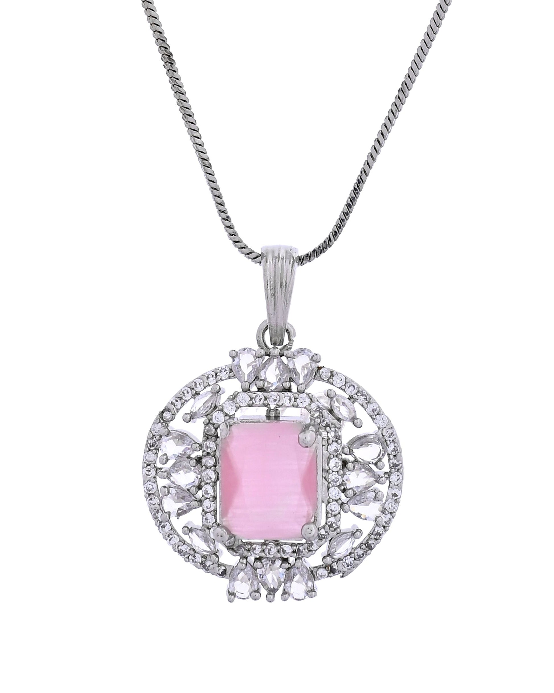 VOJ Silver Plated Baby Pink Rectangular Shaped Ad Chain Set  Grab2Buy VOJ Grab2Buy