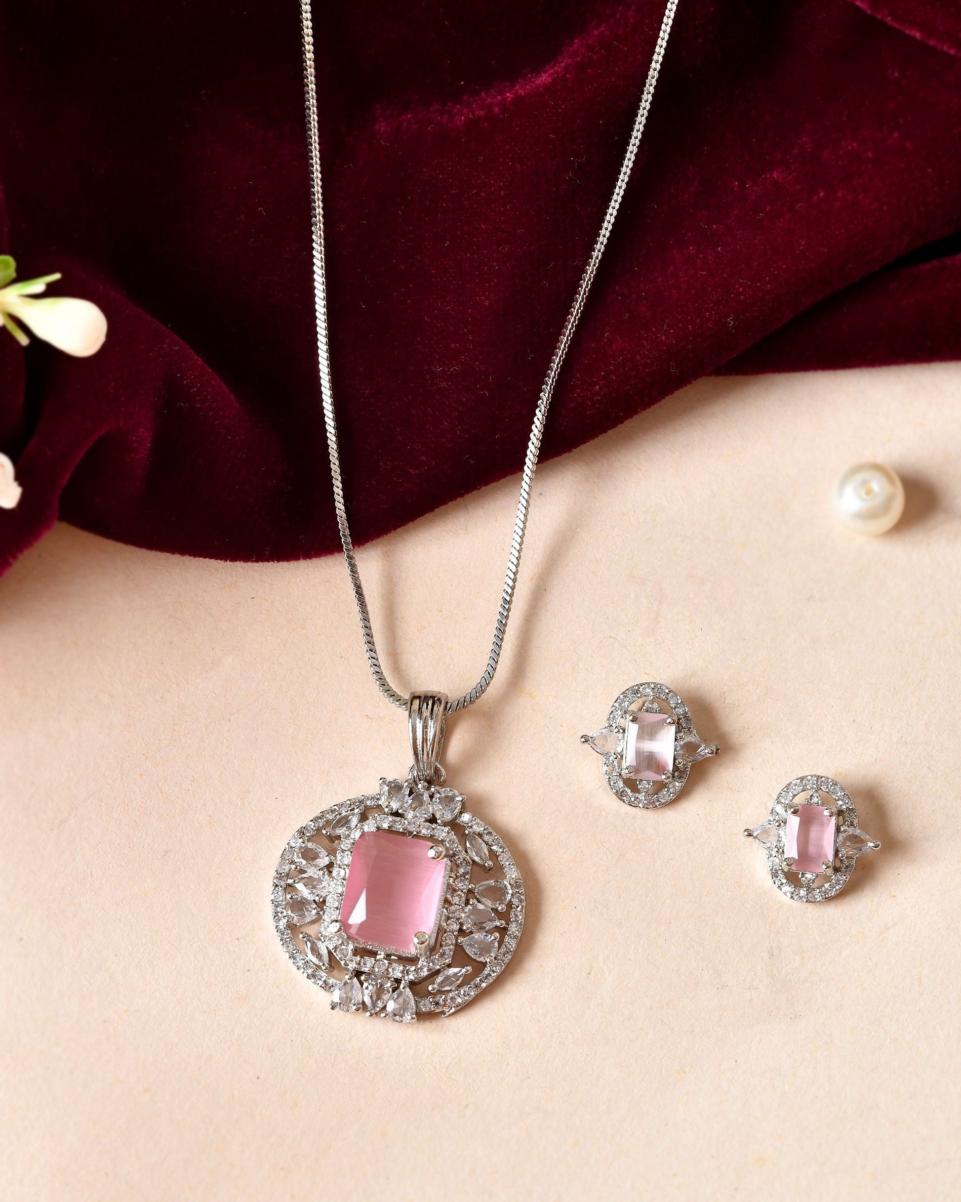 VOJ Silver Plated Baby Pink Rectangular Shaped Ad Chain Set  Grab2Buy VOJ Grab2Buy