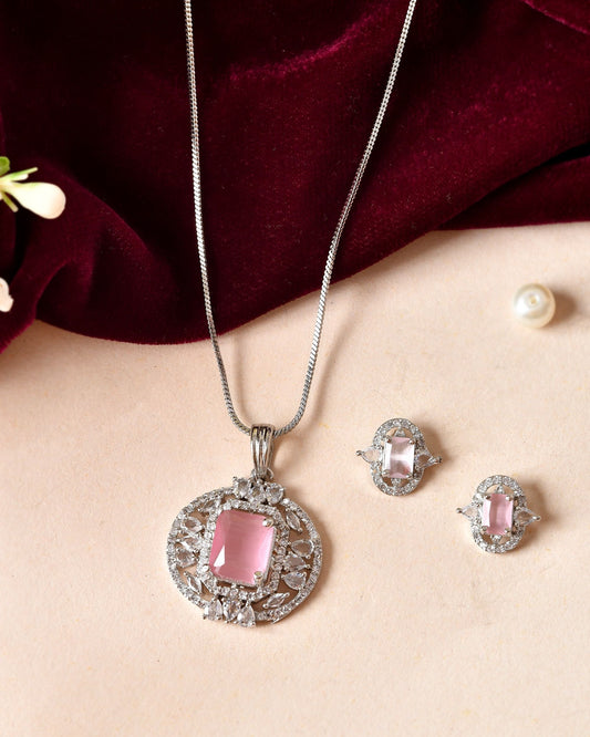 VOJ Silver Plated Baby Pink Rectangular Shaped Ad Chain Set  Grab2Buy VOJ Grab2Buy