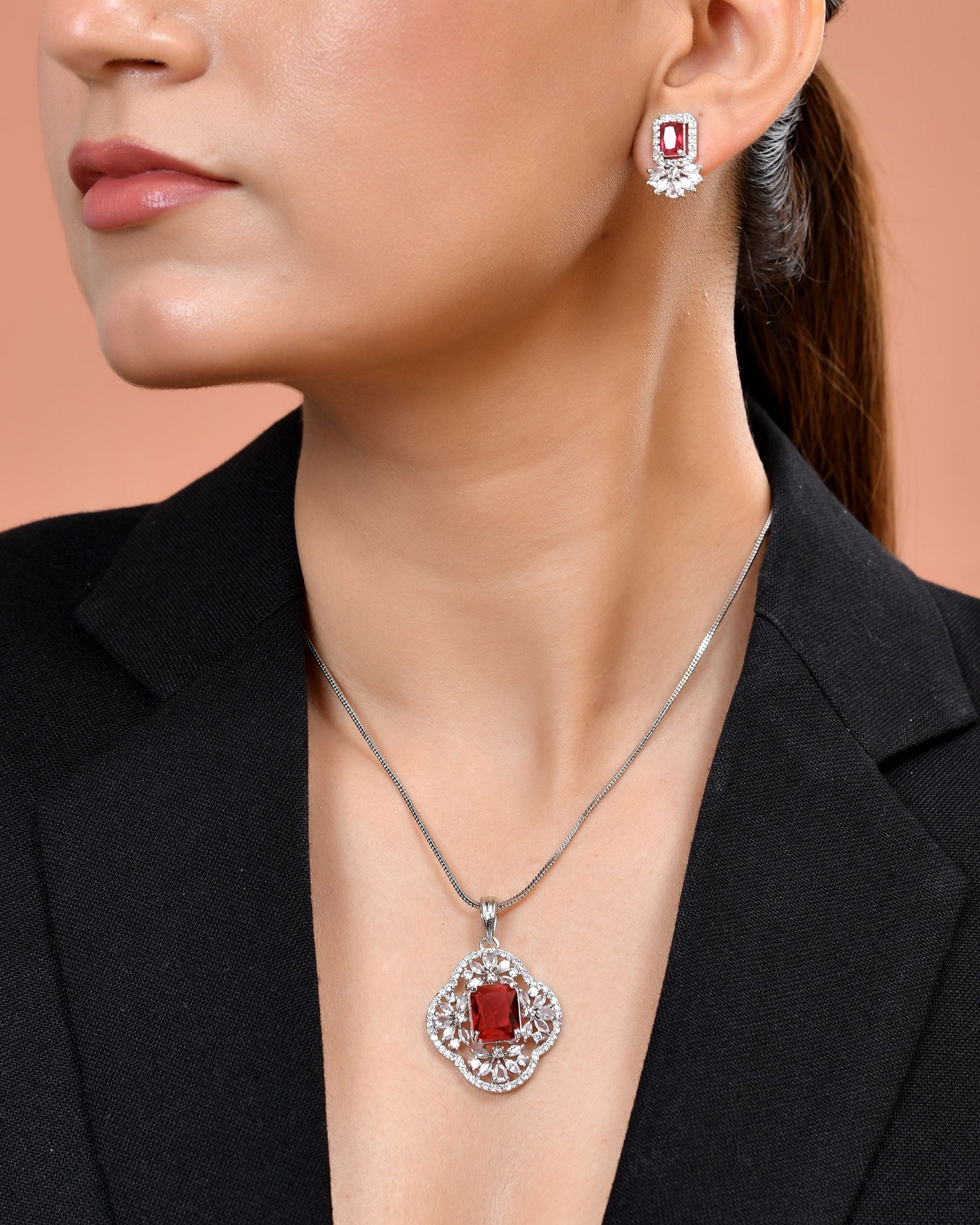 VOJ Silver Plated Ruby Red Rectangular Stone Studded Ad Chain Set  Grab2Buy VOJ Grab2Buy