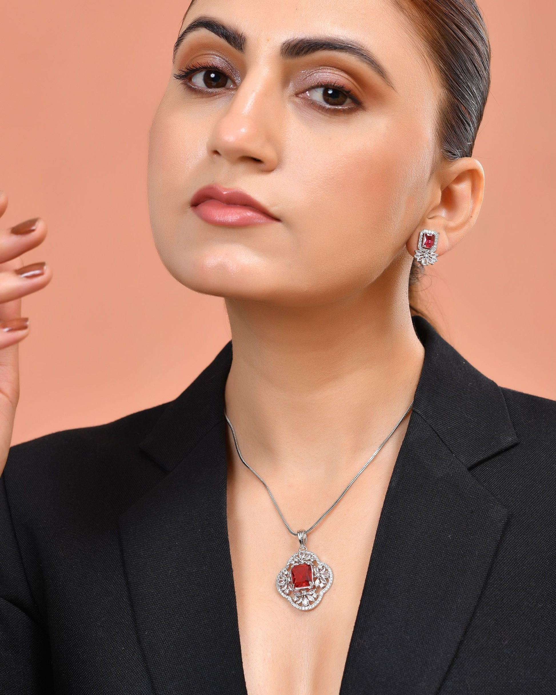 VOJ Silver Plated Ruby Red Rectangular Stone Studded Ad Chain Set  Grab2Buy VOJ Grab2Buy