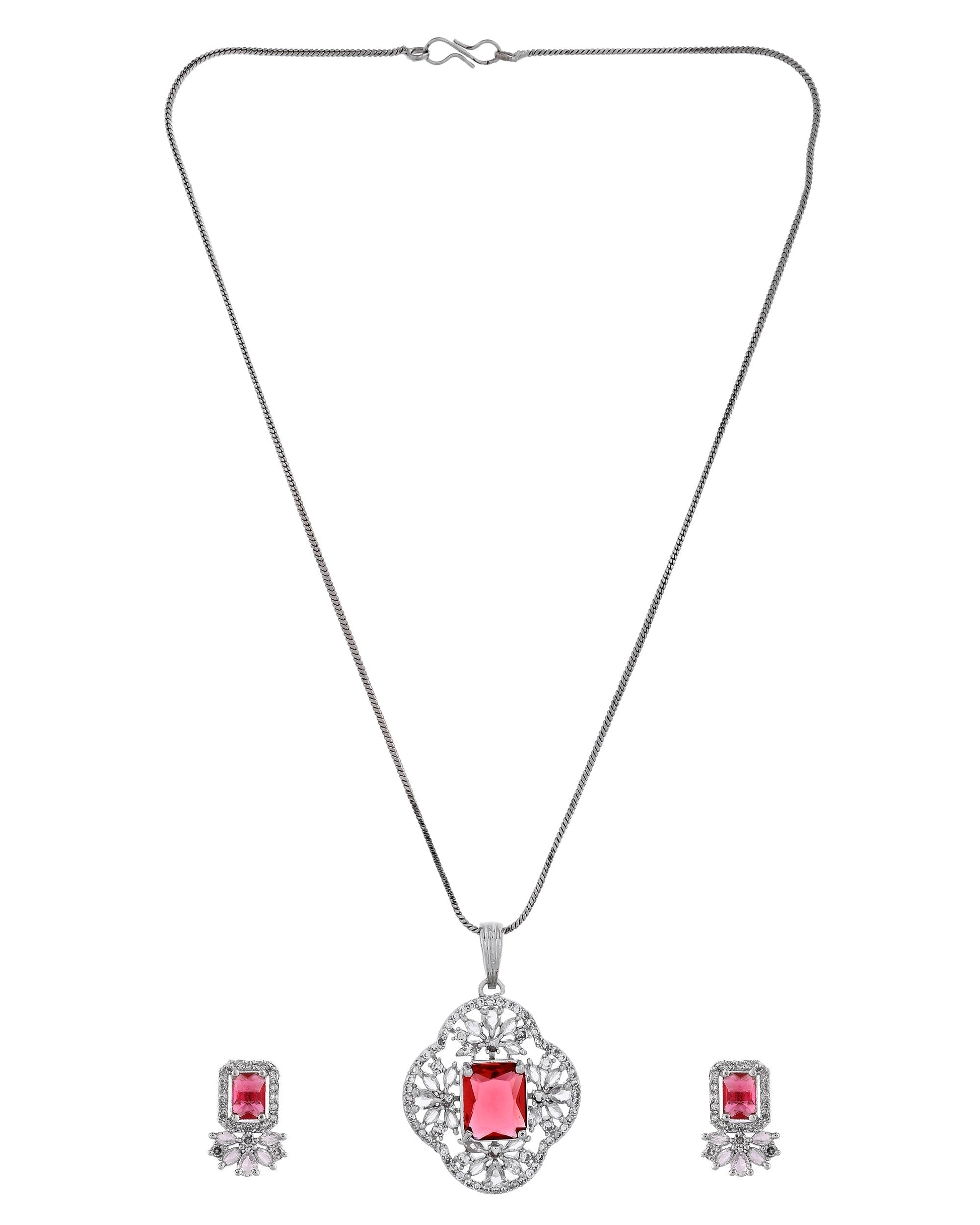 VOJ Silver Plated Ruby Red Rectangular Stone Studded Ad Chain Set  Grab2Buy VOJ Grab2Buy