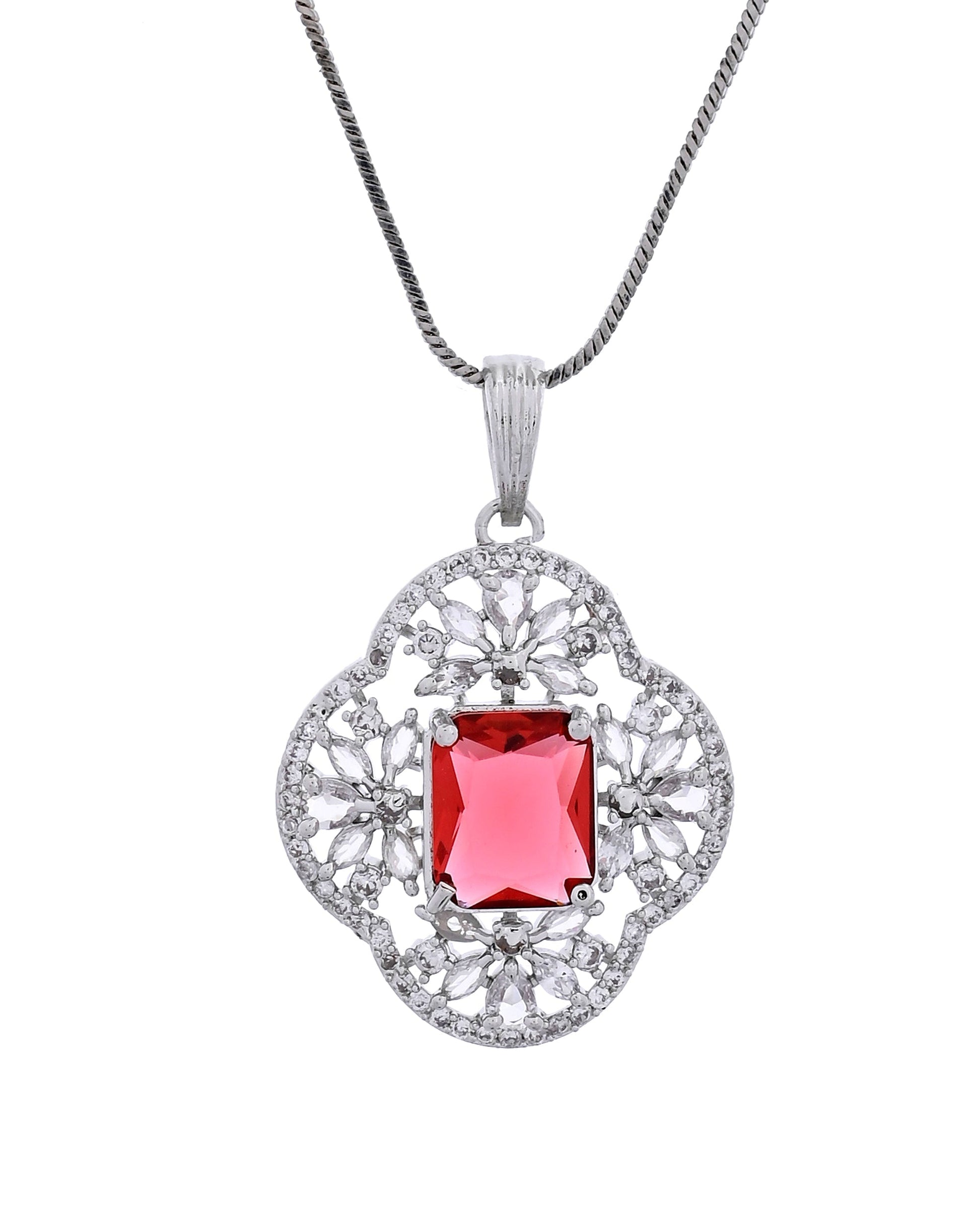 VOJ Silver Plated Ruby Red Rectangular Stone Studded Ad Chain Set  Grab2Buy VOJ Grab2Buy