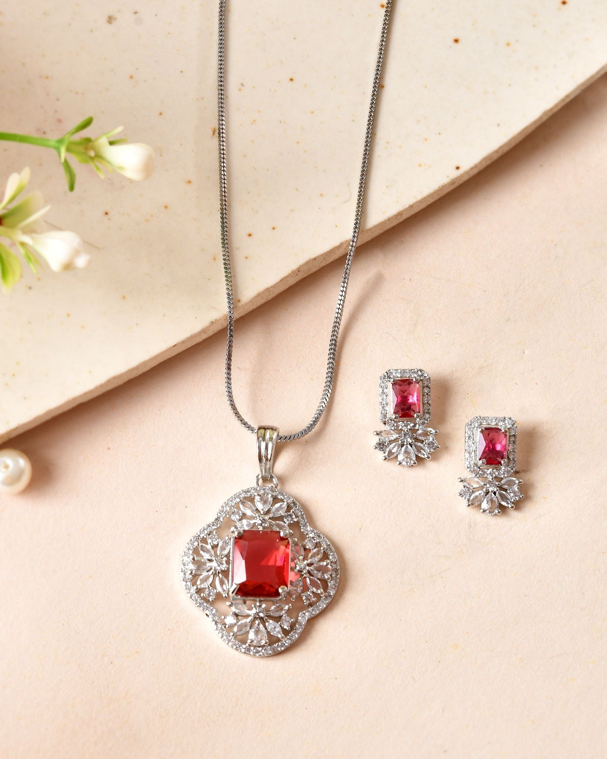 VOJ Silver Plated Ruby Red Rectangular Stone Studded Ad Chain Set  Grab2Buy VOJ Grab2Buy