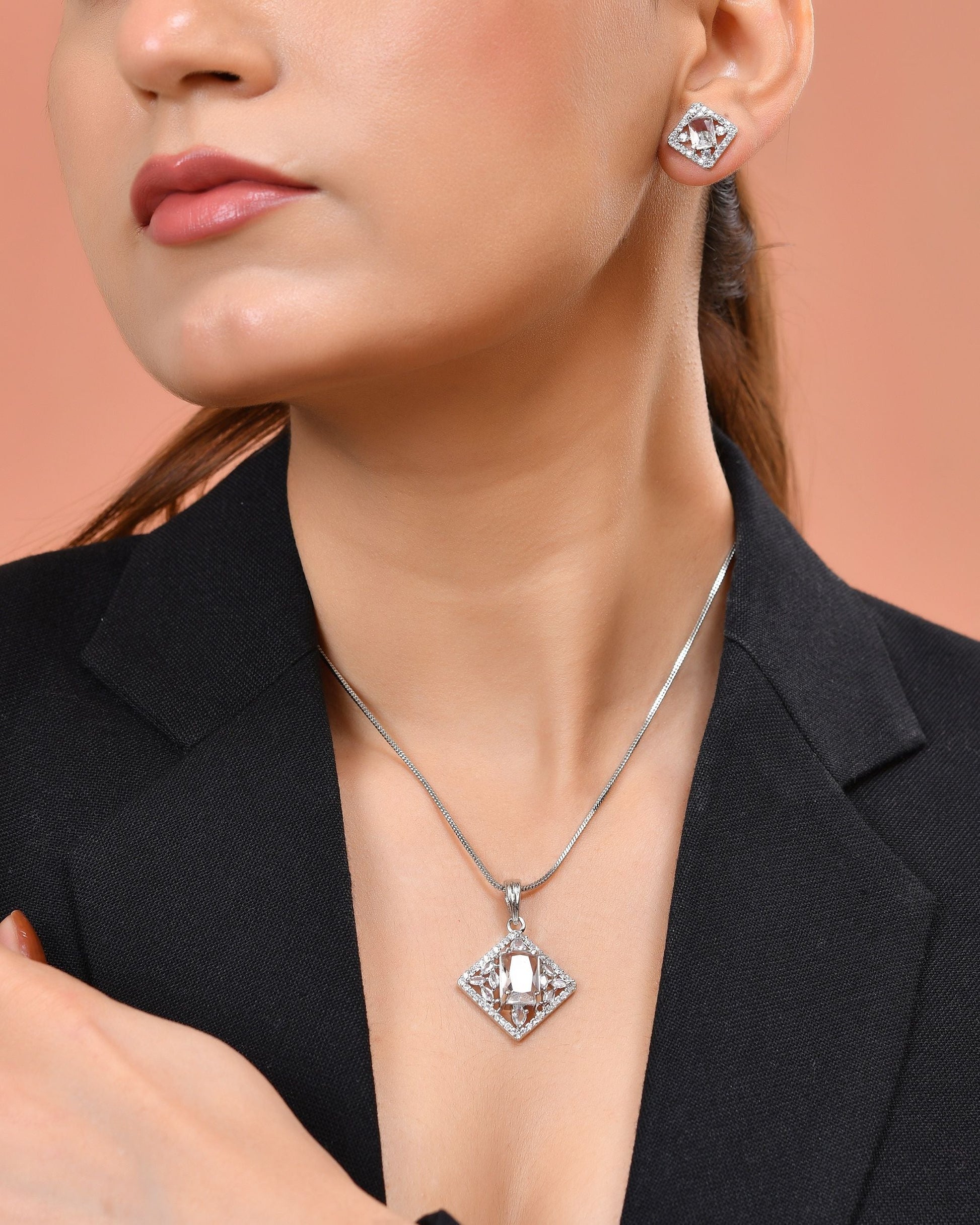 VOJ Silver Plated Square Shaped Ad Pendant With Chain Set  Grab2Buy VOJ Grab2Buy