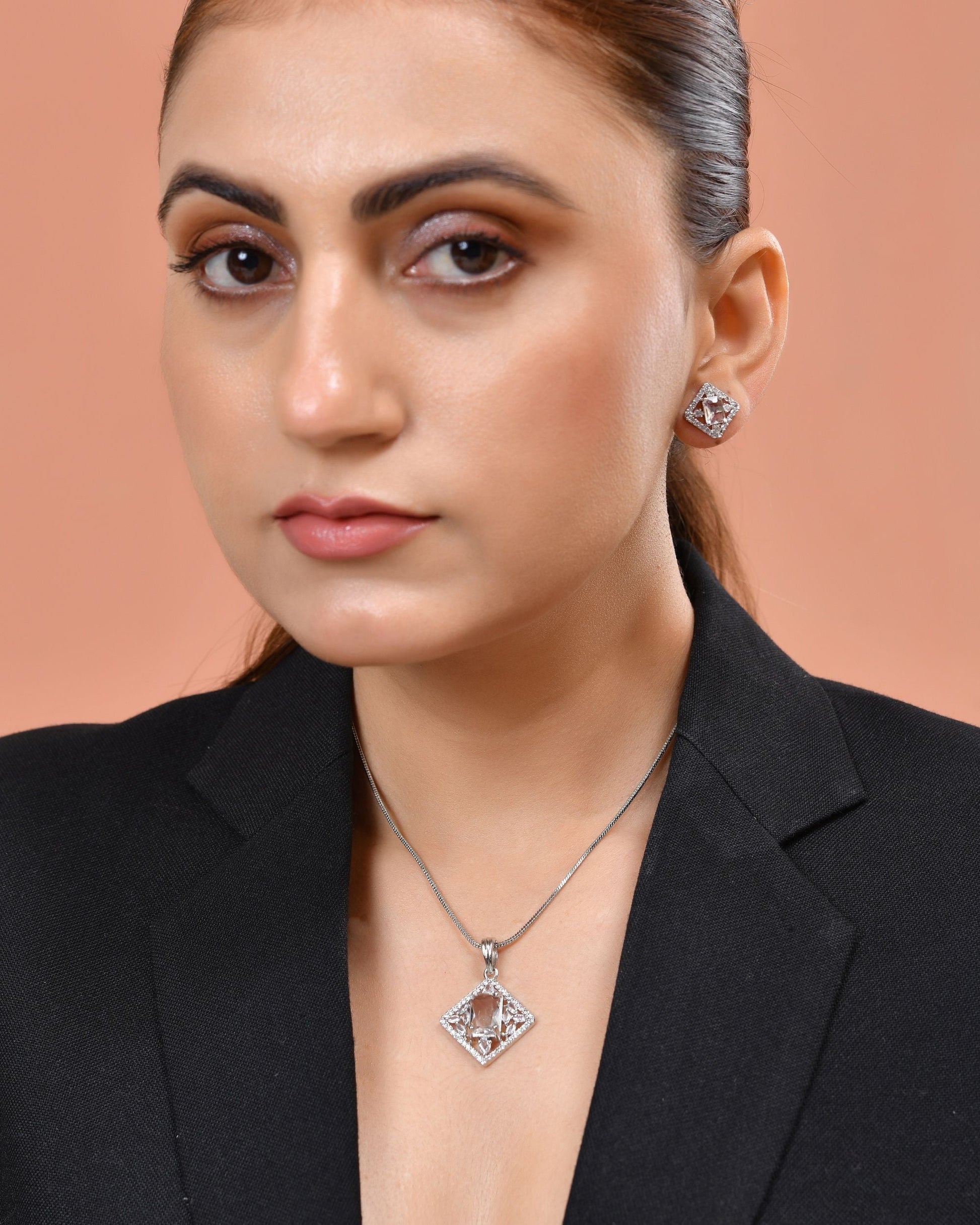 VOJ Silver Plated Square Shaped Ad Pendant With Chain Set  Grab2Buy VOJ Grab2Buy