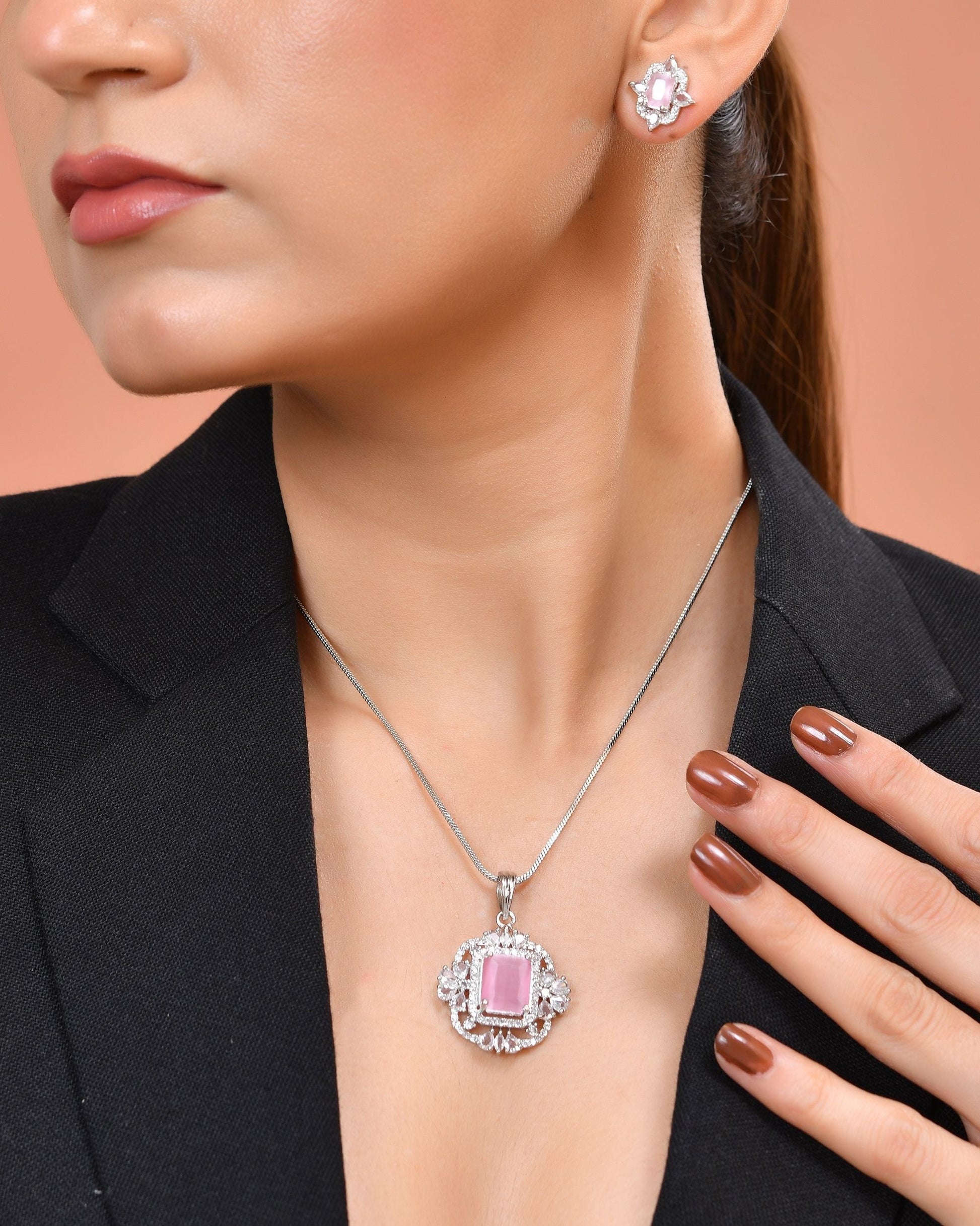 VOJ Silver Plated Baby Pink Rectangular Shaped Stone Studded Ad Chain Set  Grab2Buy VOJ Grab2Buy