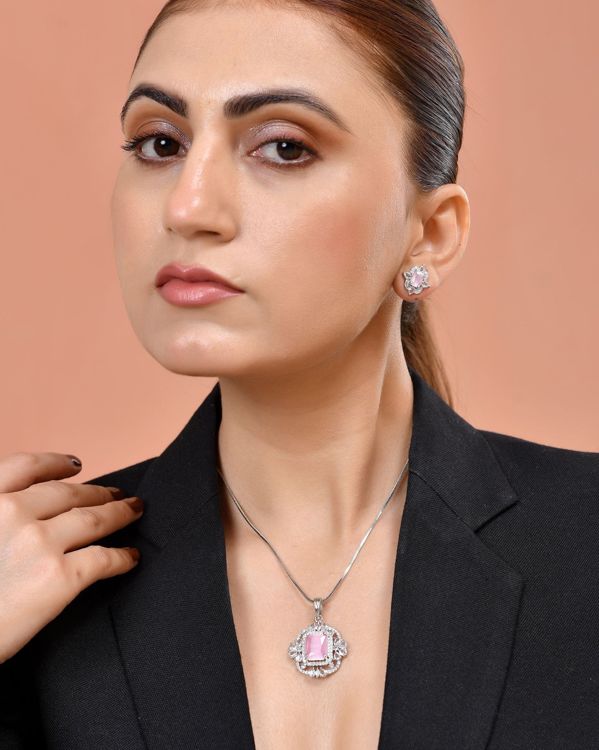 VOJ Silver Plated Baby Pink Rectangular Shaped Stone Studded Ad Chain Set  Grab2Buy VOJ Grab2Buy