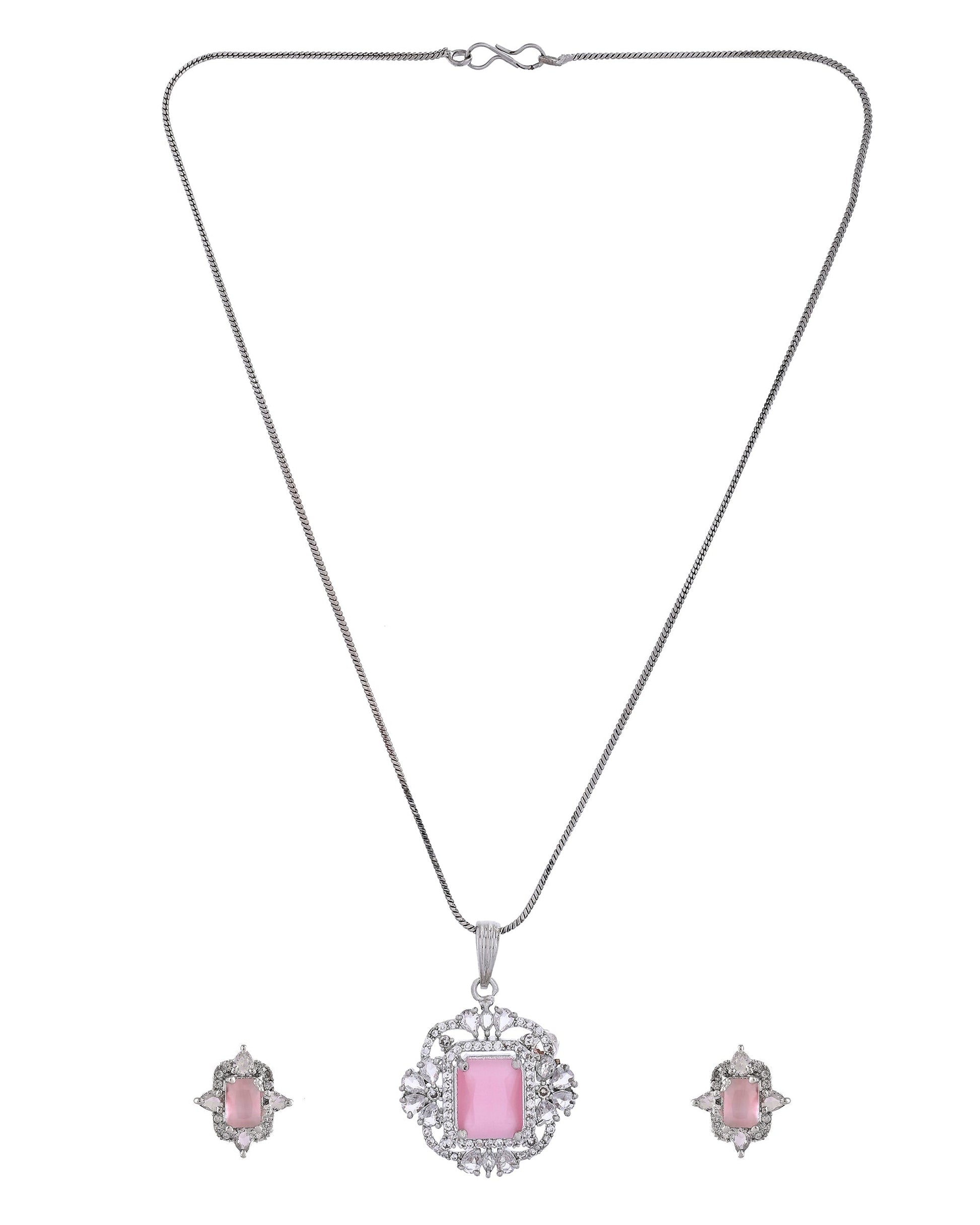 VOJ Silver Plated Baby Pink Rectangular Shaped Stone Studded Ad Chain Set  Grab2Buy VOJ Grab2Buy