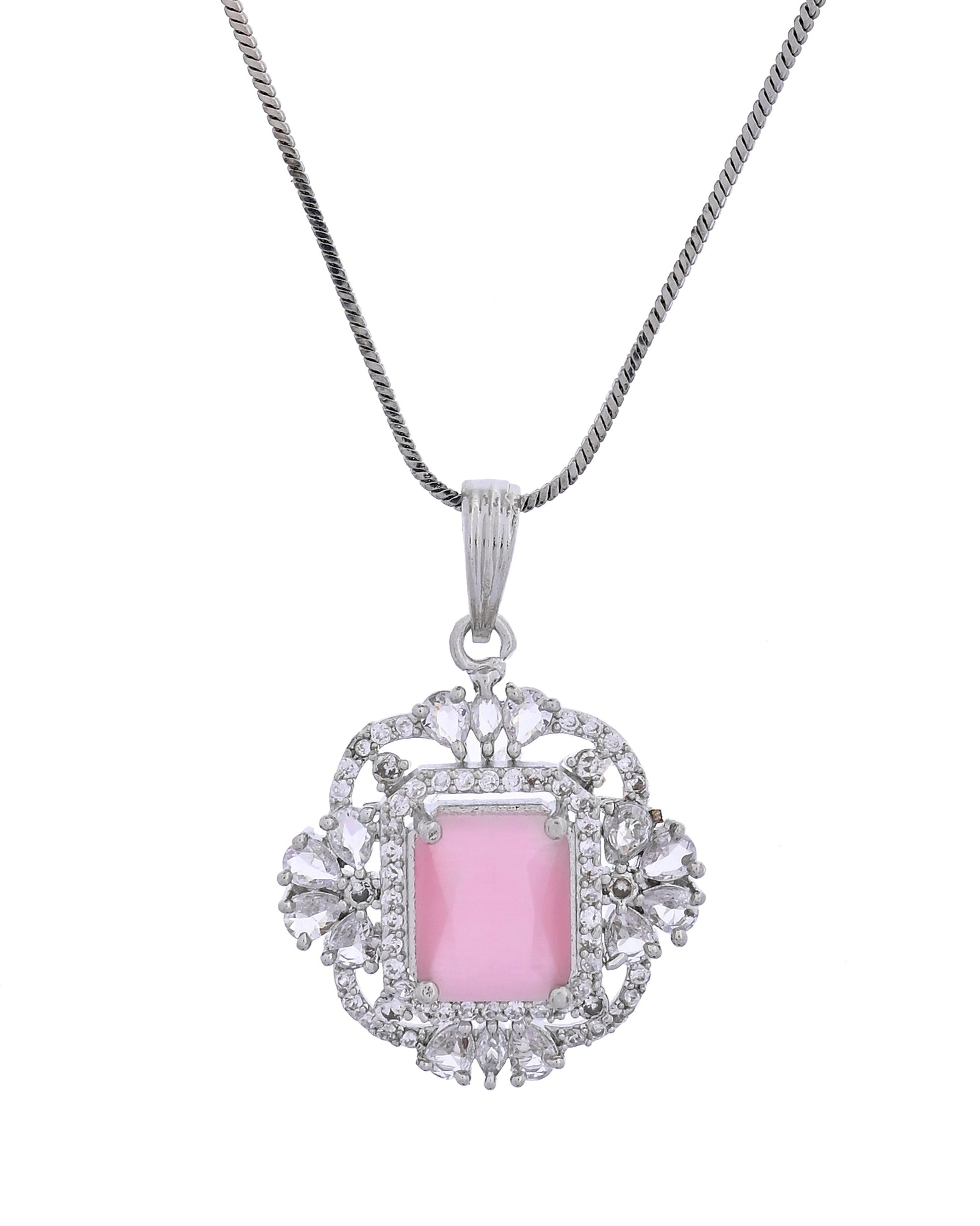 VOJ Silver Plated Baby Pink Rectangular Shaped Stone Studded Ad Chain Set  Grab2Buy VOJ Grab2Buy