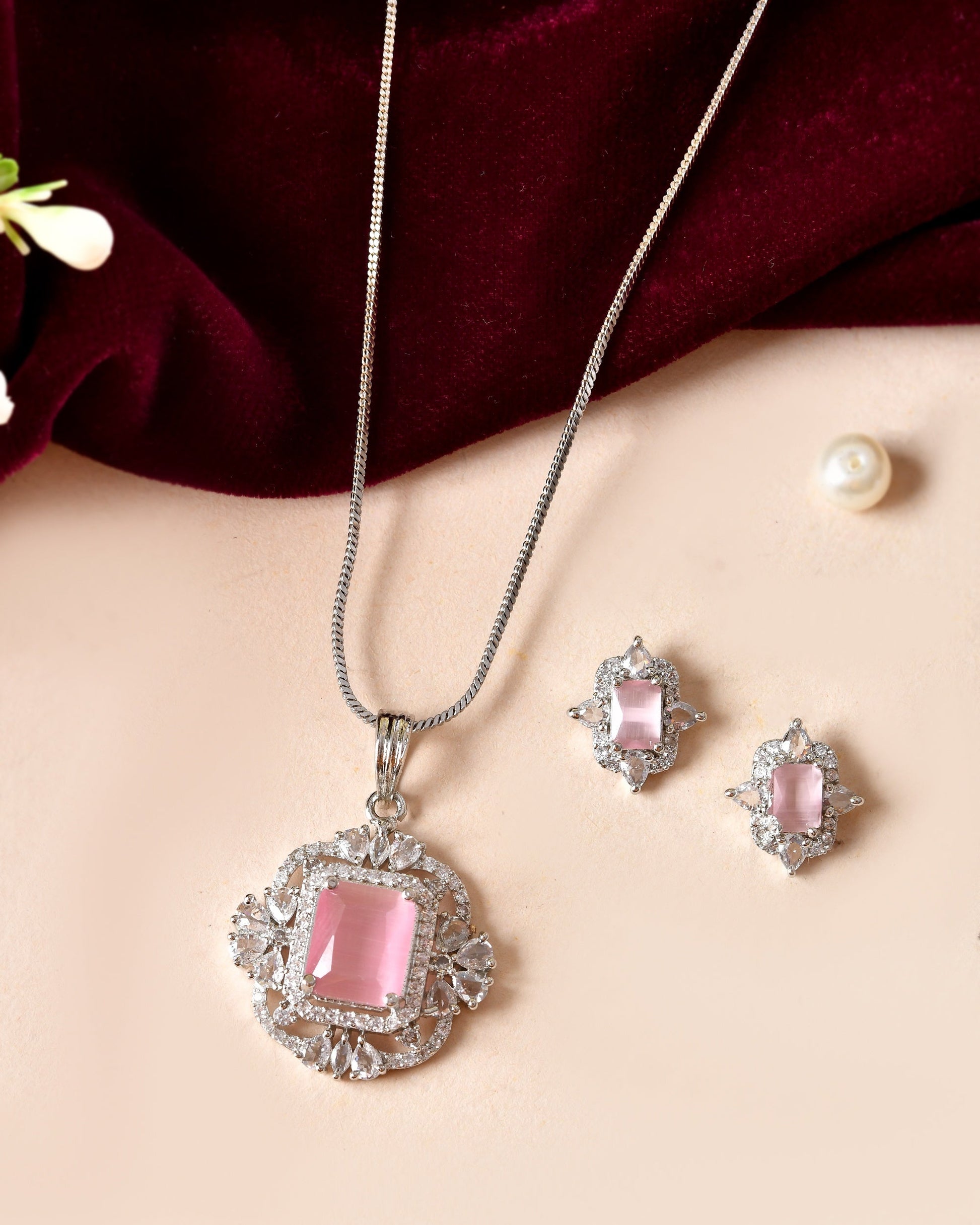 VOJ Silver Plated Baby Pink Rectangular Shaped Stone Studded Ad Chain Set  Grab2Buy VOJ Grab2Buy