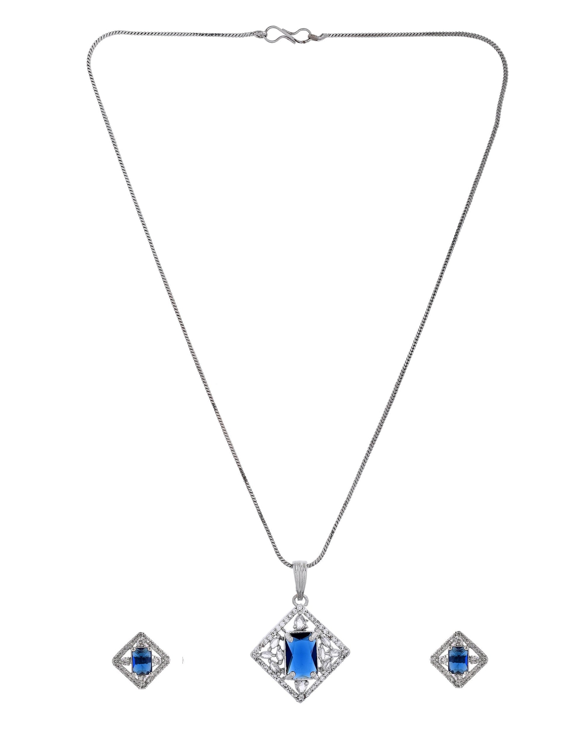 VOJ Silver Plated Blue Rectangular Shaped Stone With Square Shaped Ad Pendant With Chain Set  Grab2Buy VOJ Grab2Buy