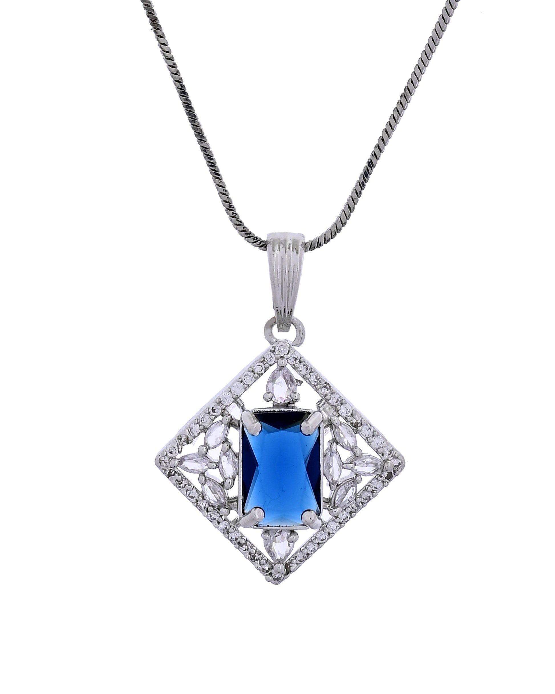 VOJ Silver Plated Blue Rectangular Shaped Stone With Square Shaped Ad Pendant With Chain Set  Grab2Buy VOJ Grab2Buy