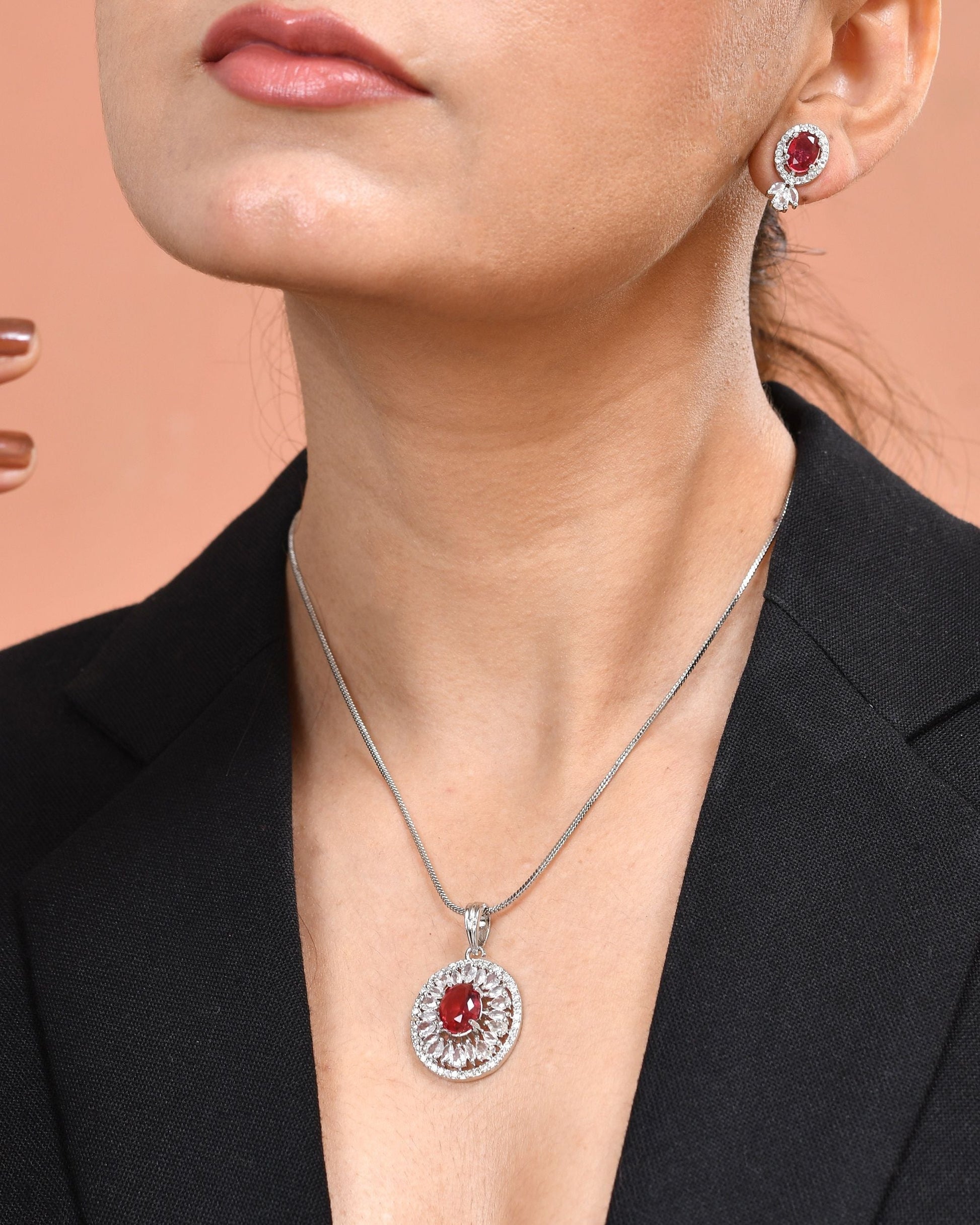 VOJ Silver Plated Oval Shaped Ruby Red Ad Chain Set  Grab2Buy VOJ Grab2Buy