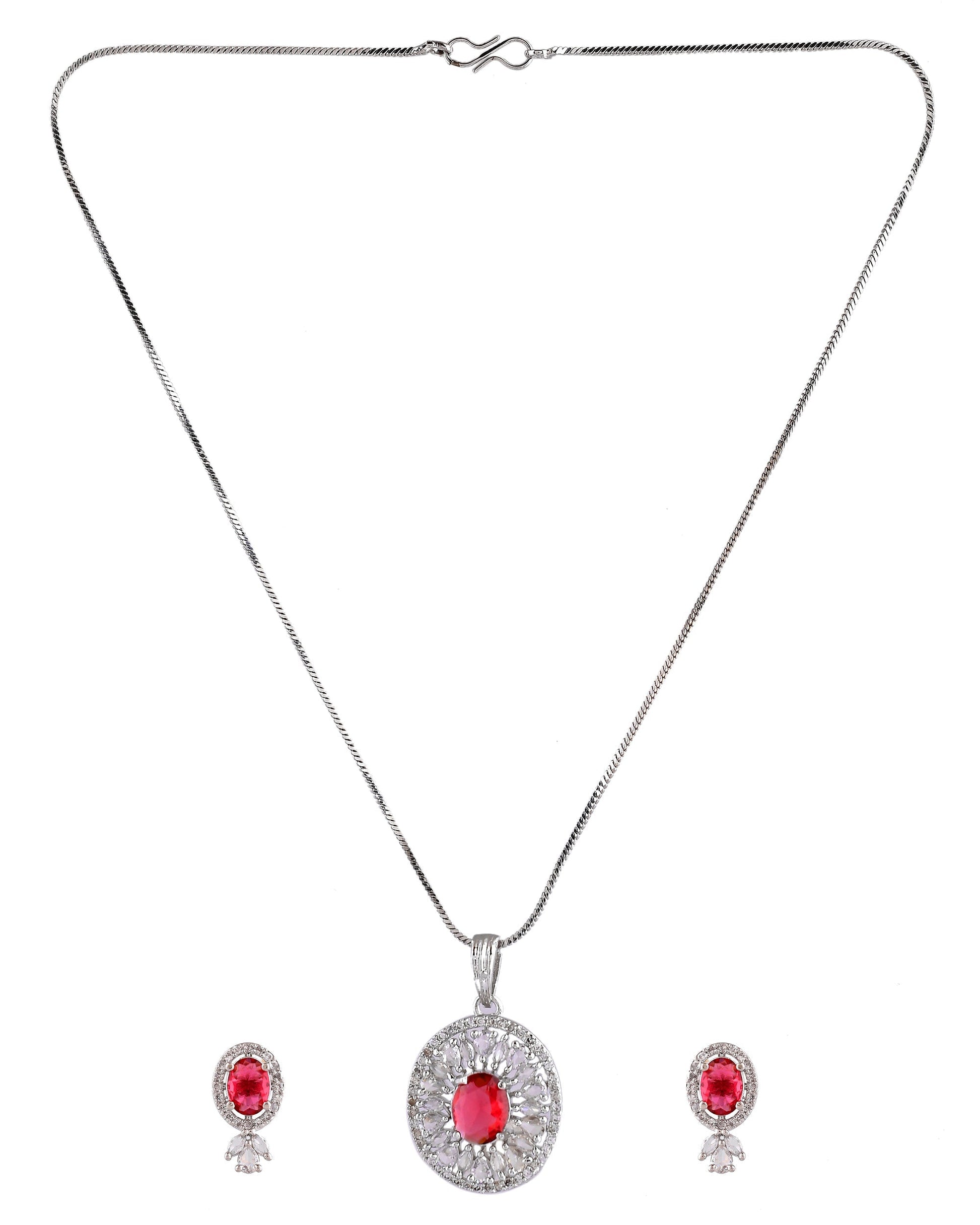 VOJ Silver Plated Oval Shaped Ruby Red Ad Chain Set  Grab2Buy VOJ Grab2Buy
