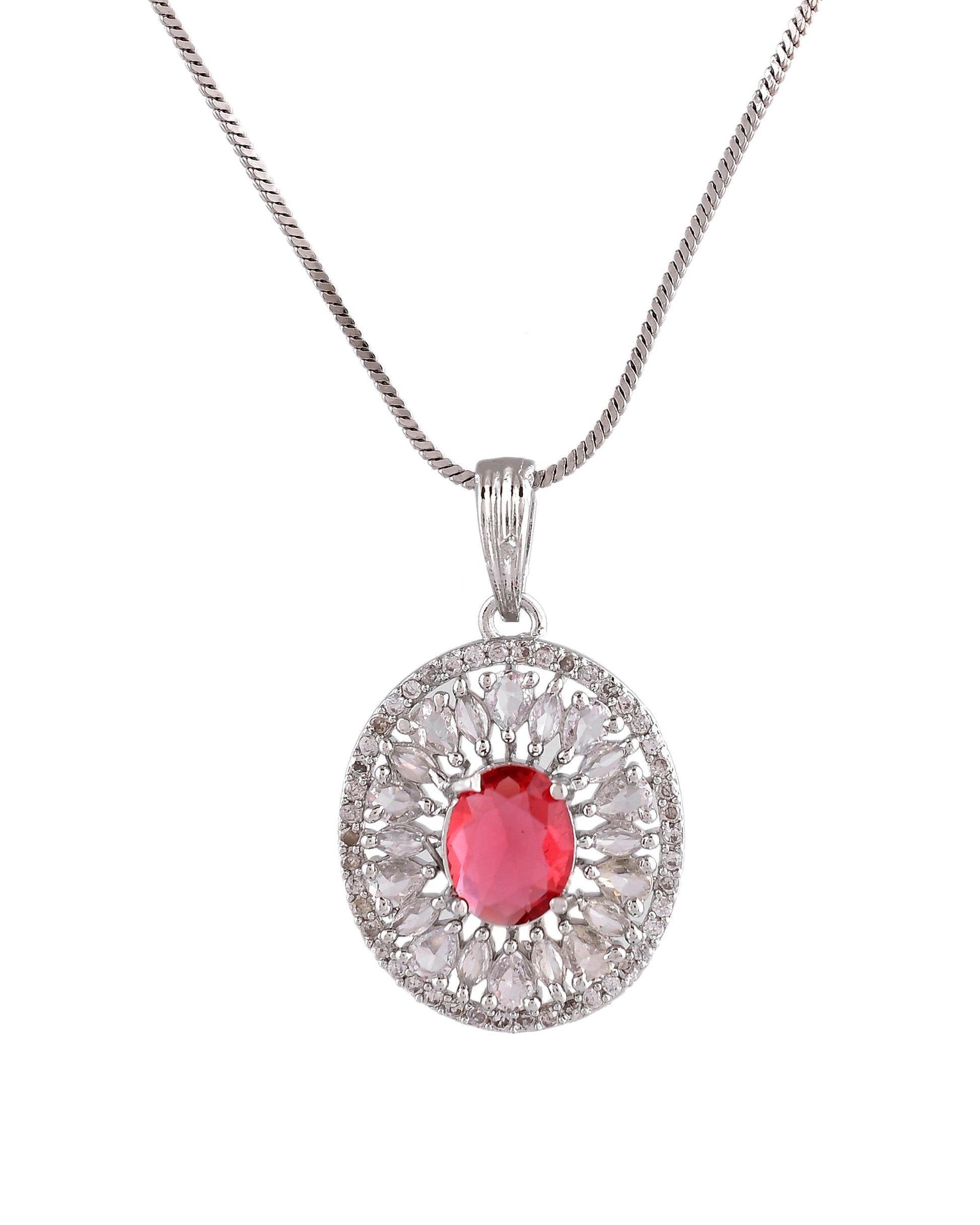 VOJ Silver Plated Oval Shaped Ruby Red Ad Chain Set  Grab2Buy VOJ Grab2Buy