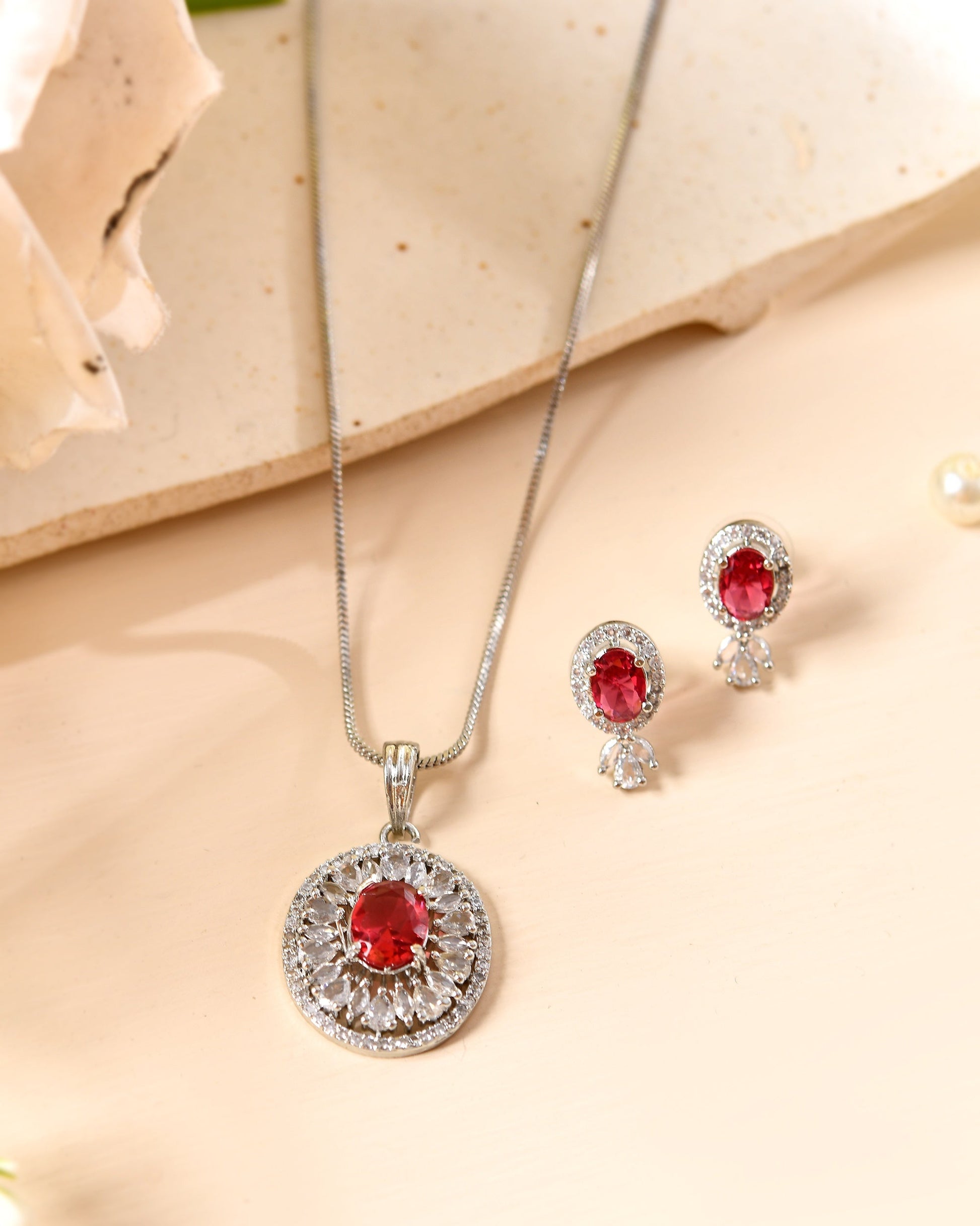VOJ Silver Plated Oval Shaped Ruby Red Ad Chain Set  Grab2Buy VOJ Grab2Buy