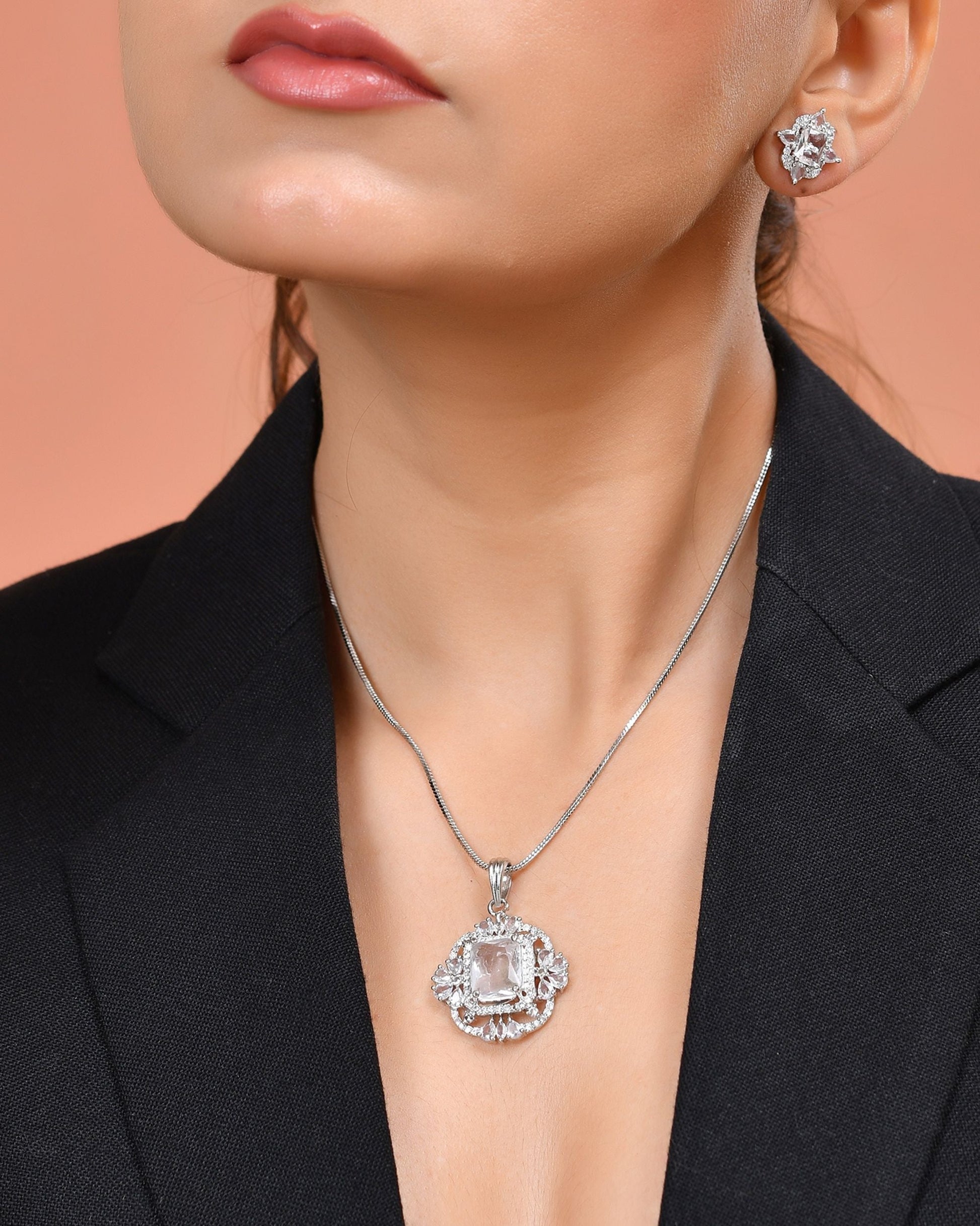 VOJ Silver Plated Rectangular Ad Stone Studded Chain Set  Grab2Buy VOJ Grab2Buy