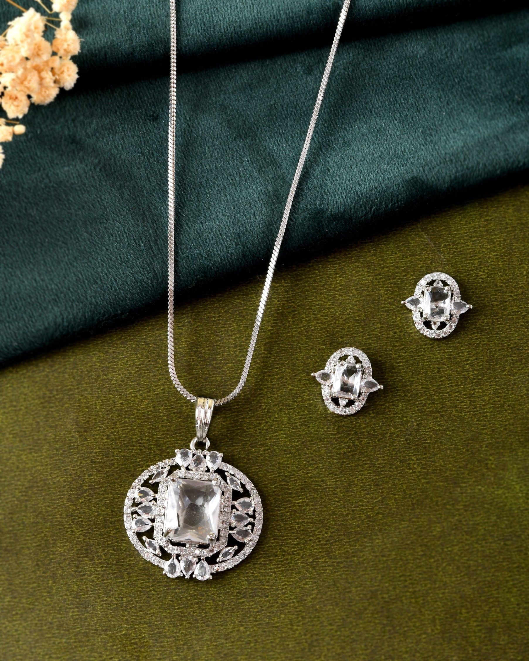 VOJ Silver Plated Rectangular Ad Stone Studded Chain Set  Grab2Buy VOJ Grab2Buy