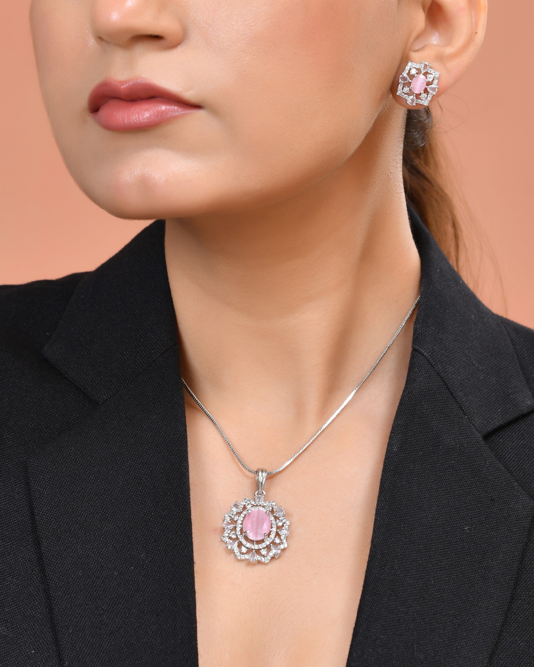VOJ Silver Plated Baby Pink Circular Stone Studded Designer Ad Chain Set  Grab2Buy VOJ Grab2Buy