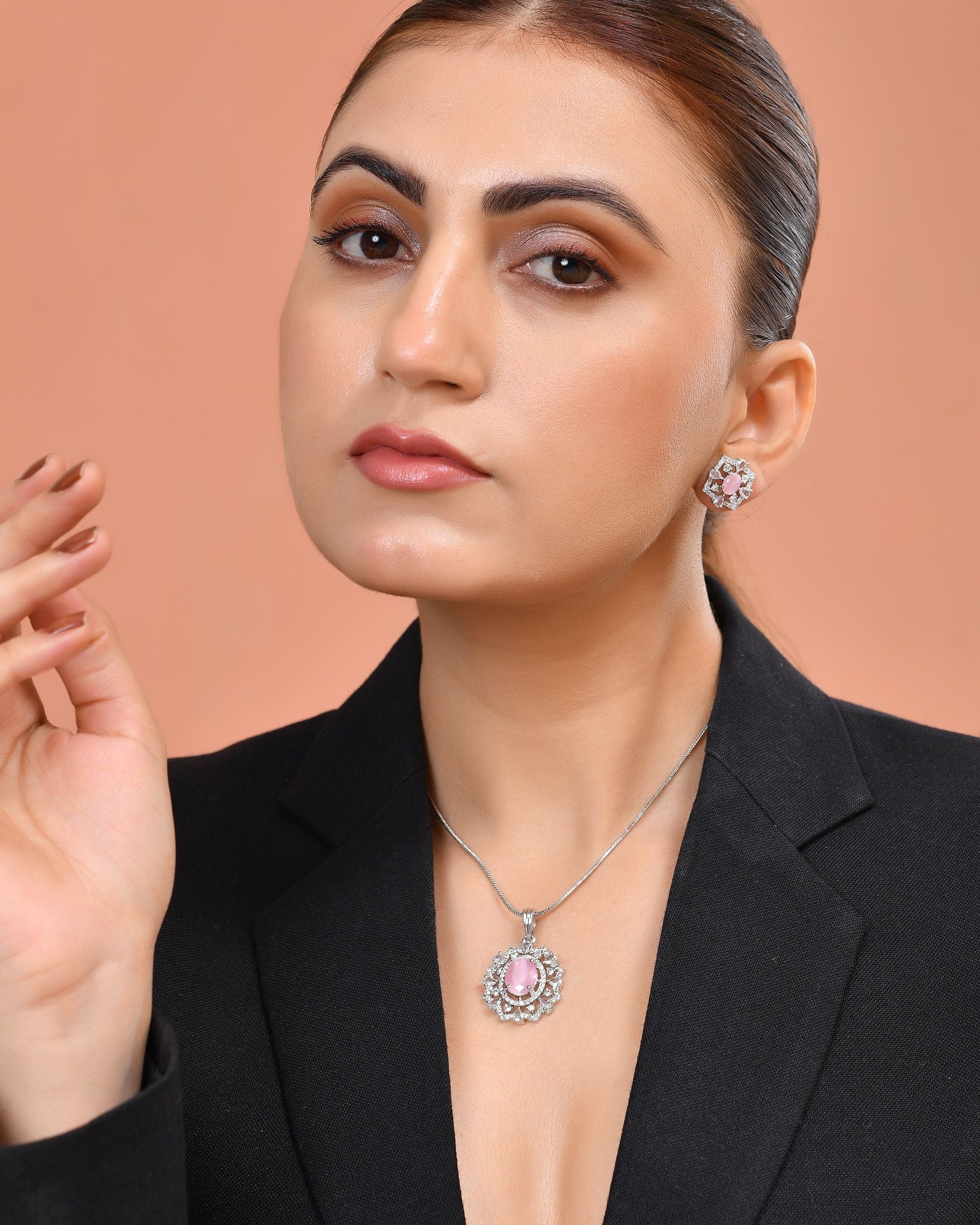 VOJ Silver Plated Baby Pink Circular Stone Studded Designer Ad Chain Set  Grab2Buy VOJ Grab2Buy