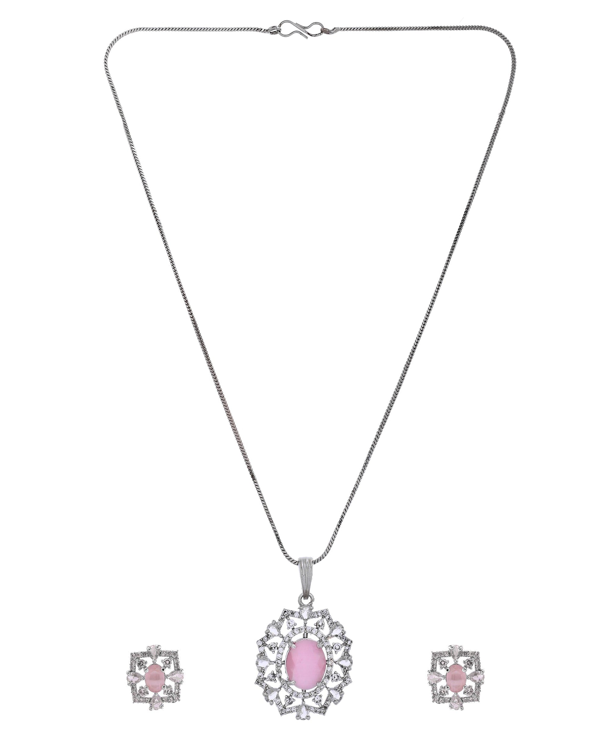 VOJ Silver Plated Baby Pink Circular Stone Studded Designer Ad Chain Set  Grab2Buy VOJ Grab2Buy