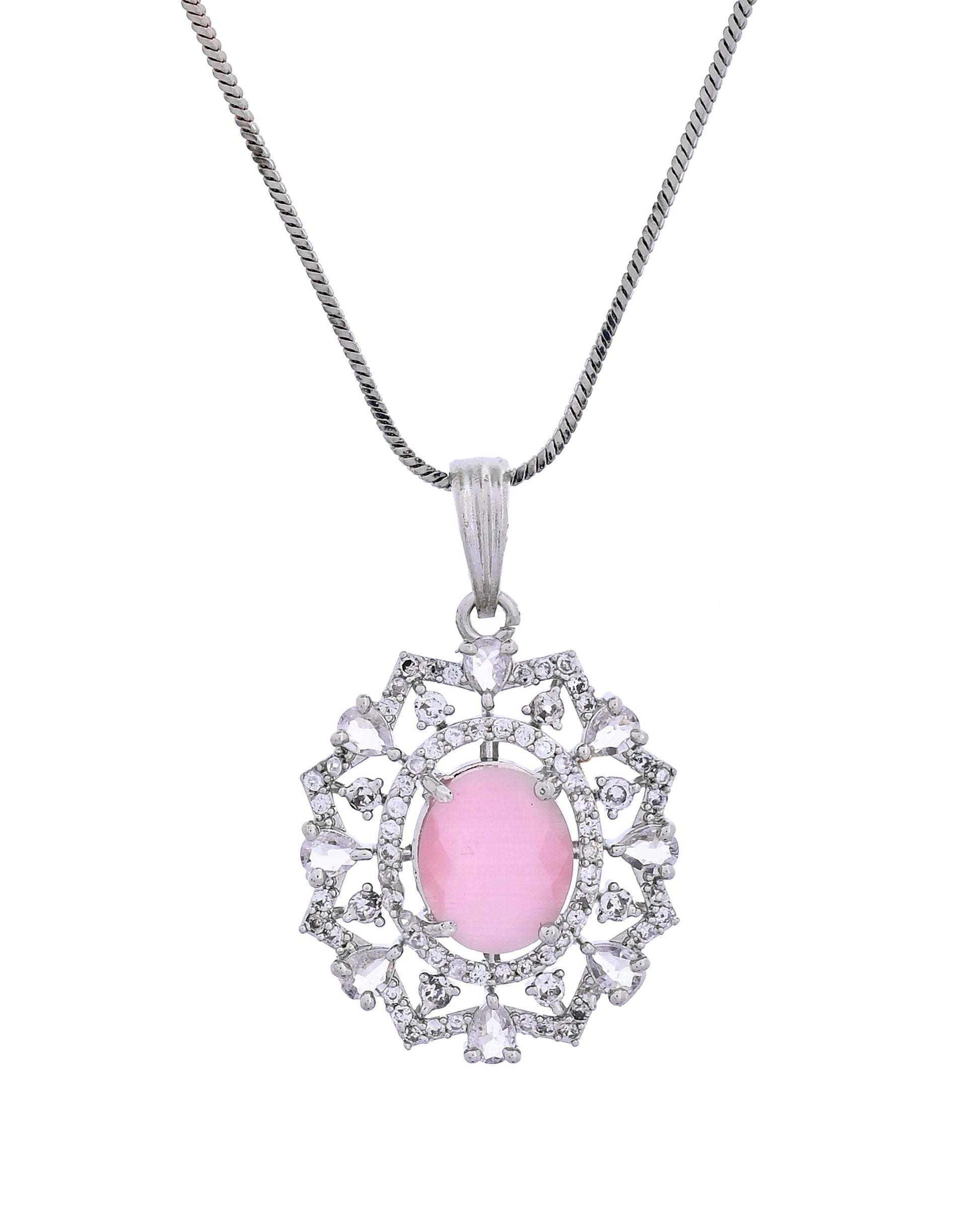 VOJ Silver Plated Baby Pink Circular Stone Studded Designer Ad Chain Set  Grab2Buy VOJ Grab2Buy