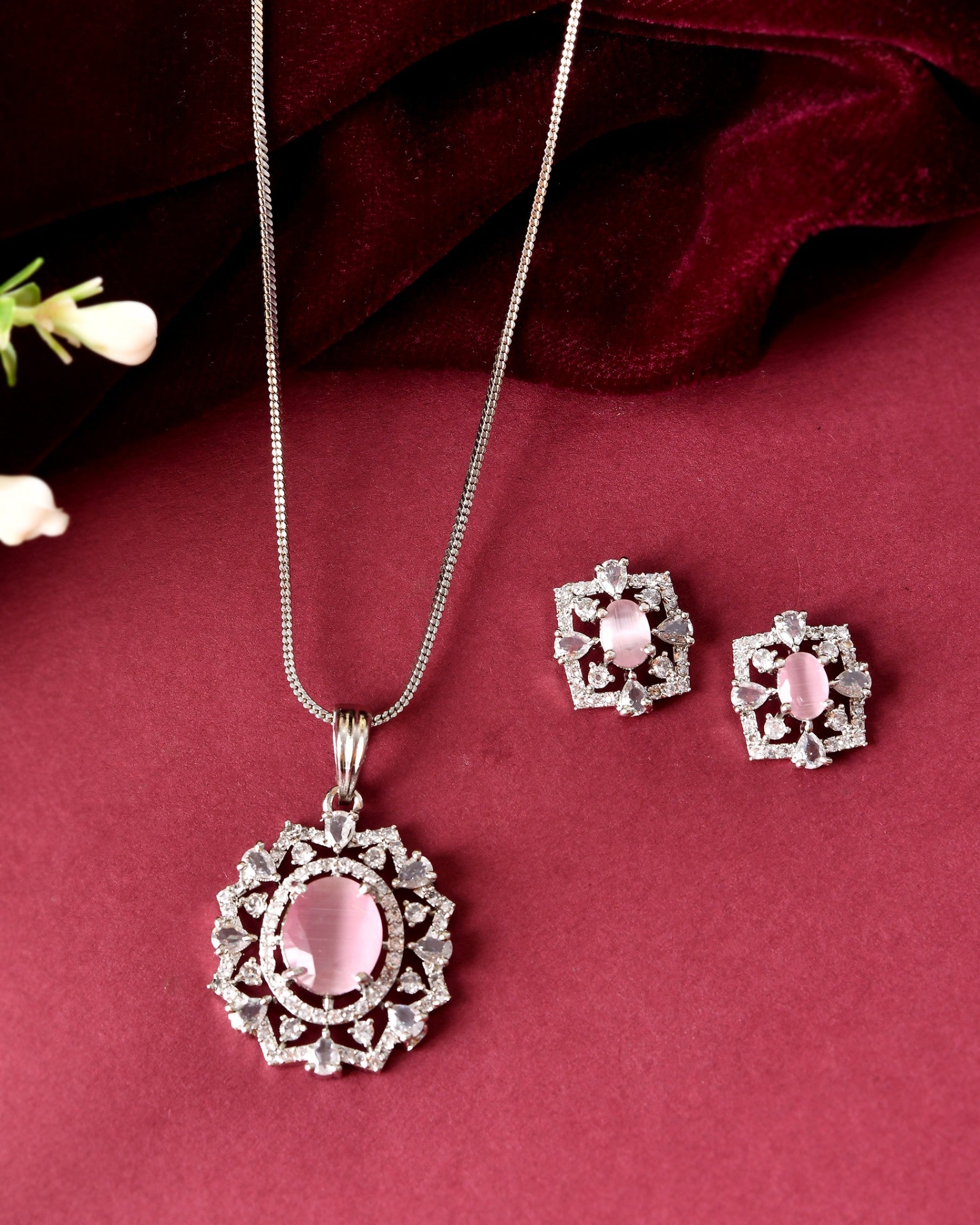 VOJ Silver Plated Baby Pink Circular Stone Studded Designer Ad Chain Set  Grab2Buy VOJ Grab2Buy