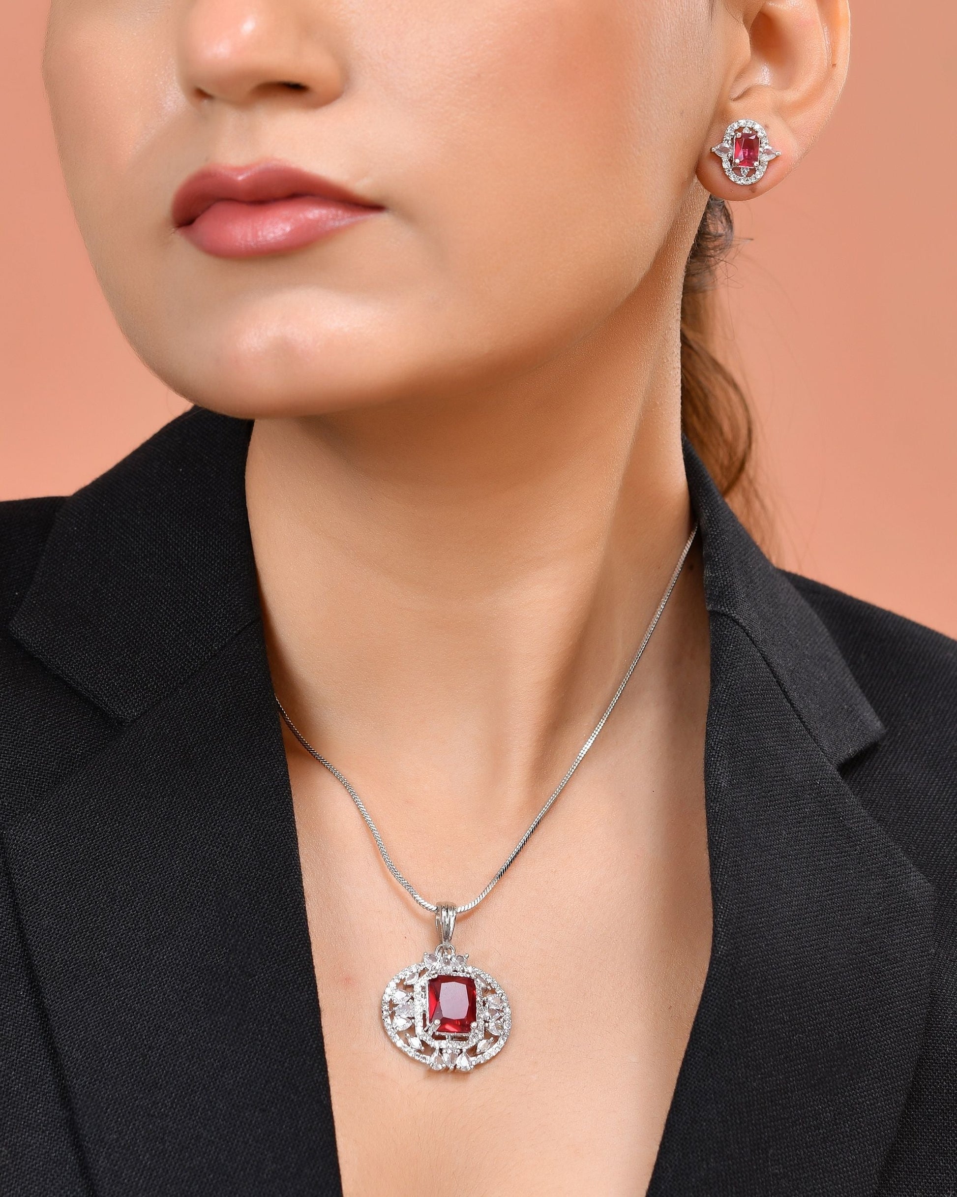 VOJ Silver Plated Ruby Red Rectangular Cz Stone Studded Chain Set  Grab2Buy VOJ Grab2Buy
