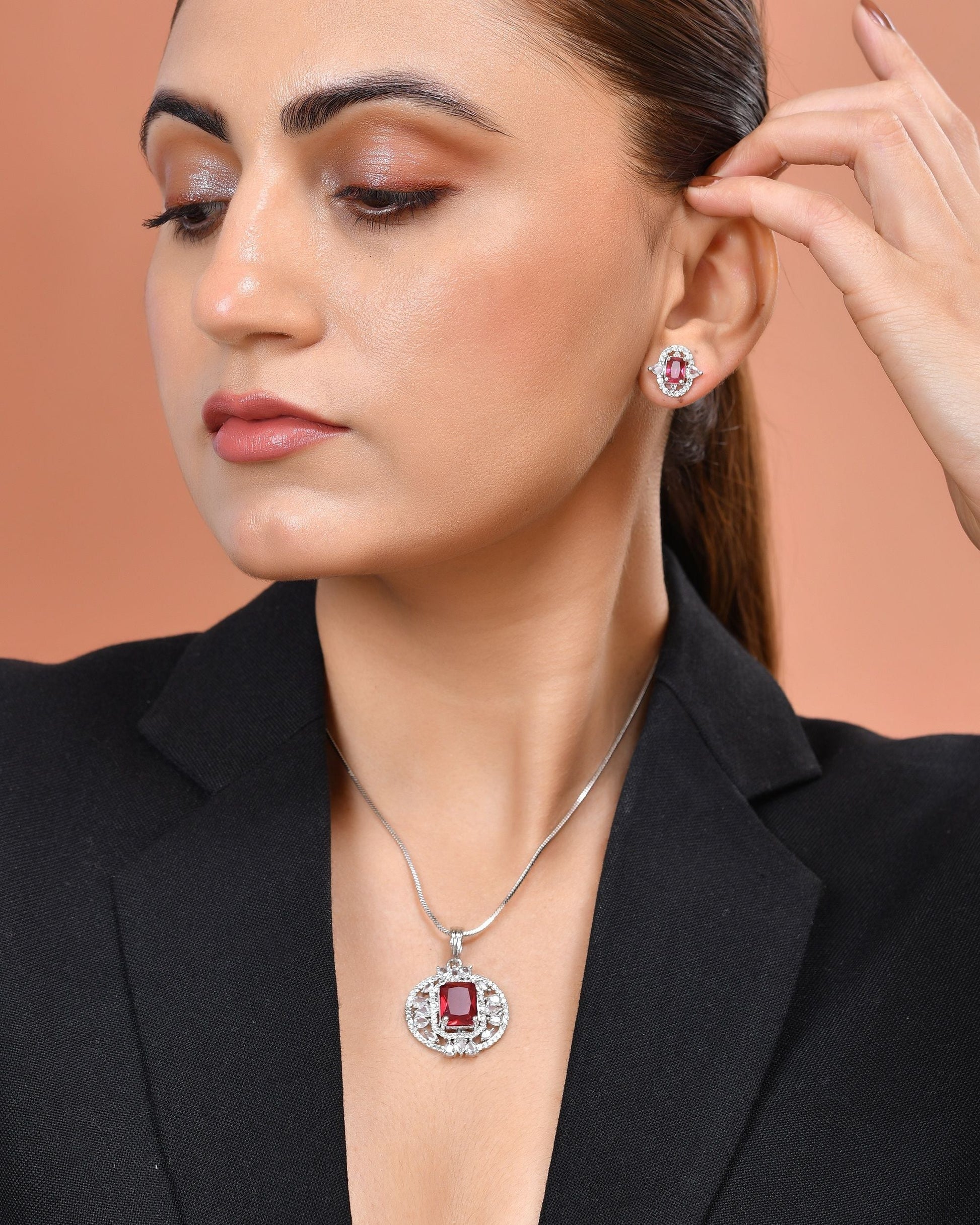 VOJ Silver Plated Ruby Red Rectangular Cz Stone Studded Chain Set  Grab2Buy VOJ Grab2Buy