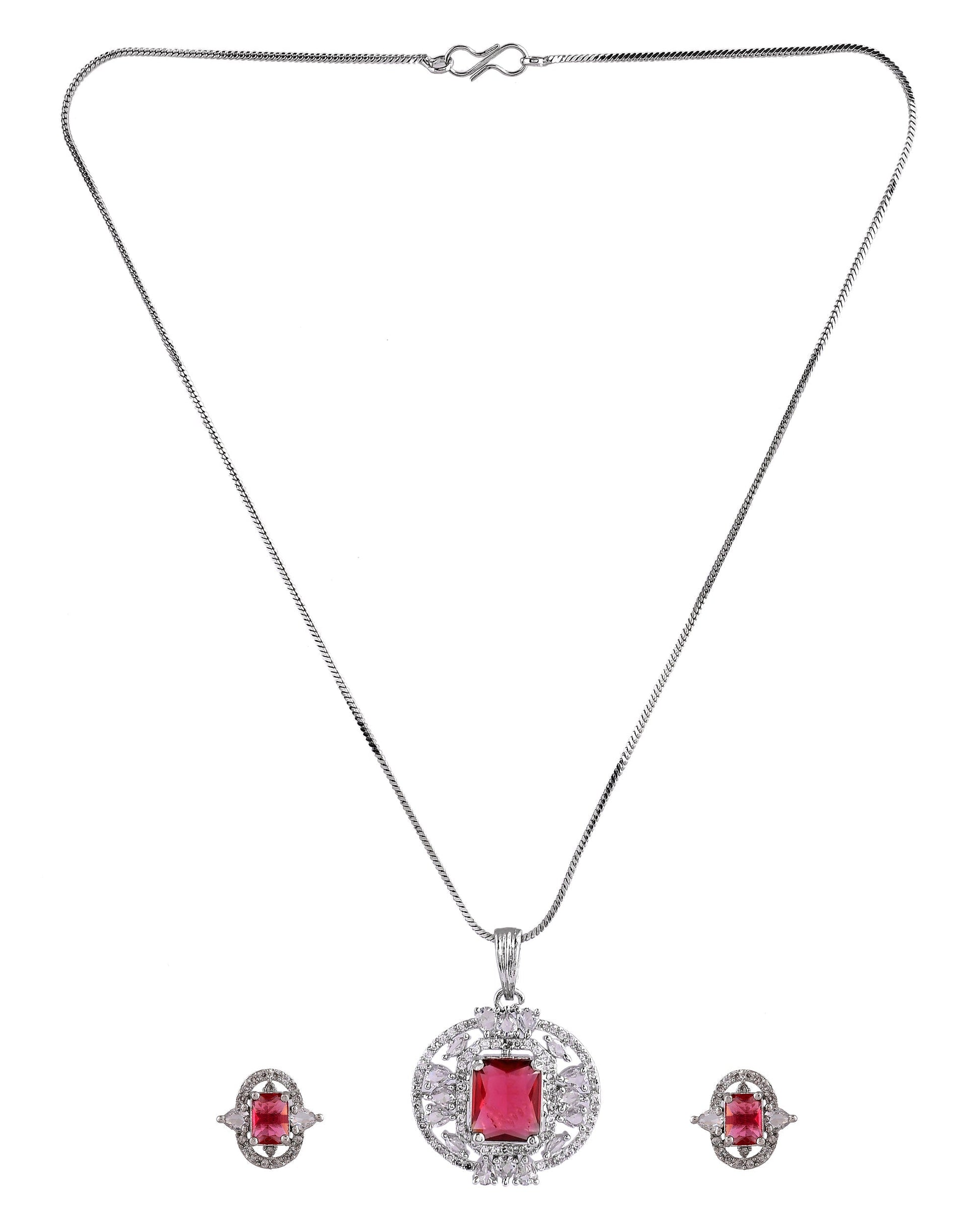 VOJ Silver Plated Ruby Red Rectangular Cz Stone Studded Chain Set  Grab2Buy VOJ Grab2Buy