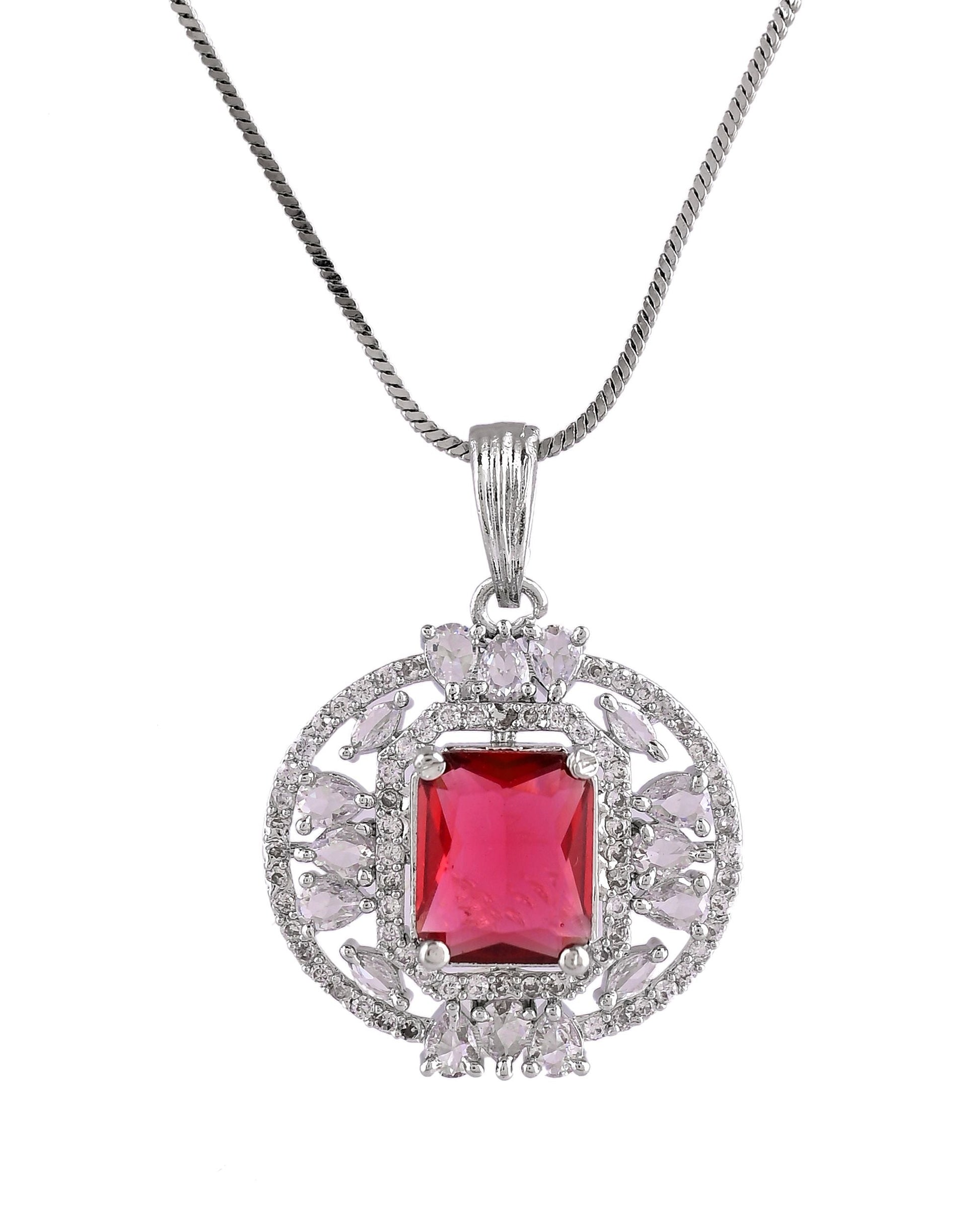 VOJ Silver Plated Ruby Red Rectangular Cz Stone Studded Chain Set  Grab2Buy VOJ Grab2Buy