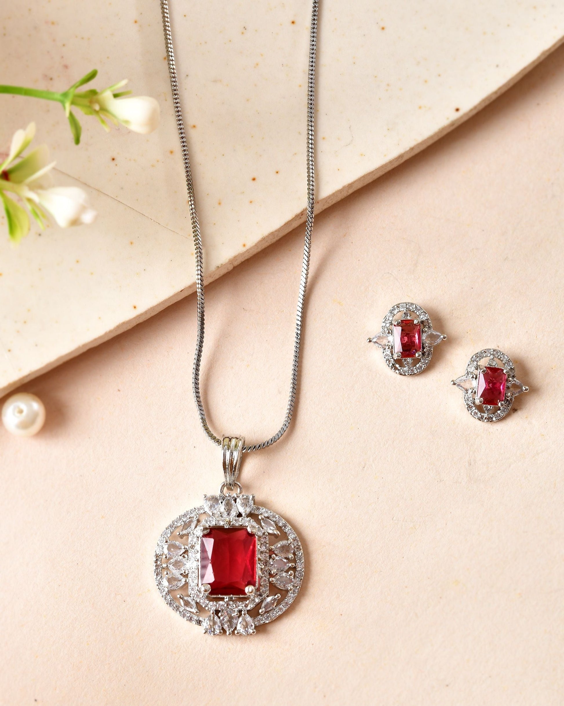 VOJ Silver Plated Ruby Red Rectangular Cz Stone Studded Chain Set  Grab2Buy VOJ Grab2Buy