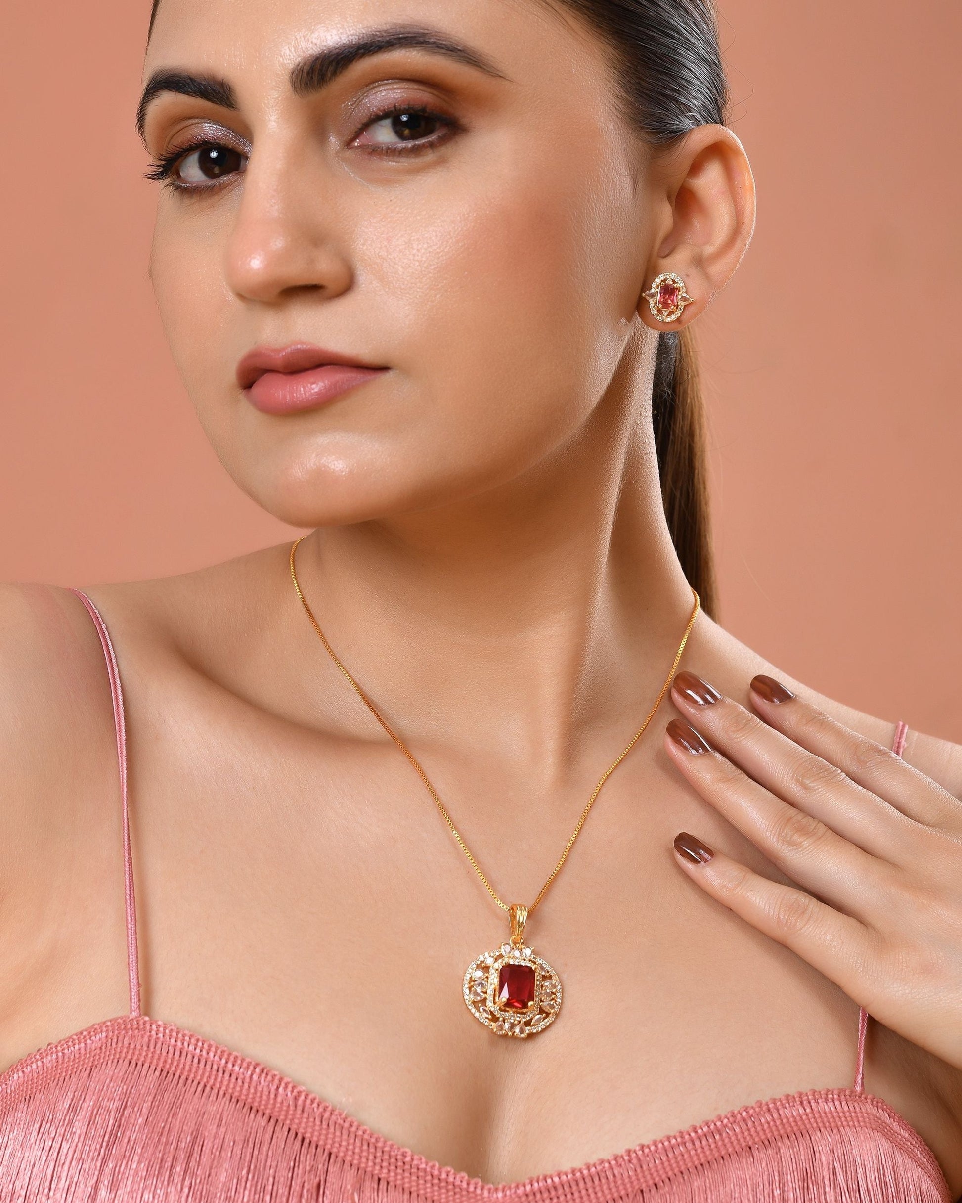 VOJ Gold Plated Ruby Red Rectangular Cz Stone Studded Chain Set  Grab2Buy VOJ Grab2Buy