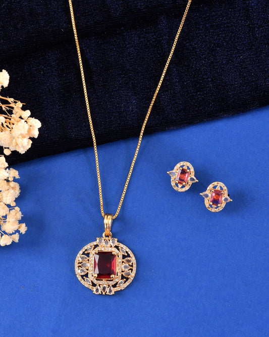 VOJ Gold Plated Ruby Red Rectangular Cz Stone Studded Chain Set  Grab2Buy VOJ Grab2Buy