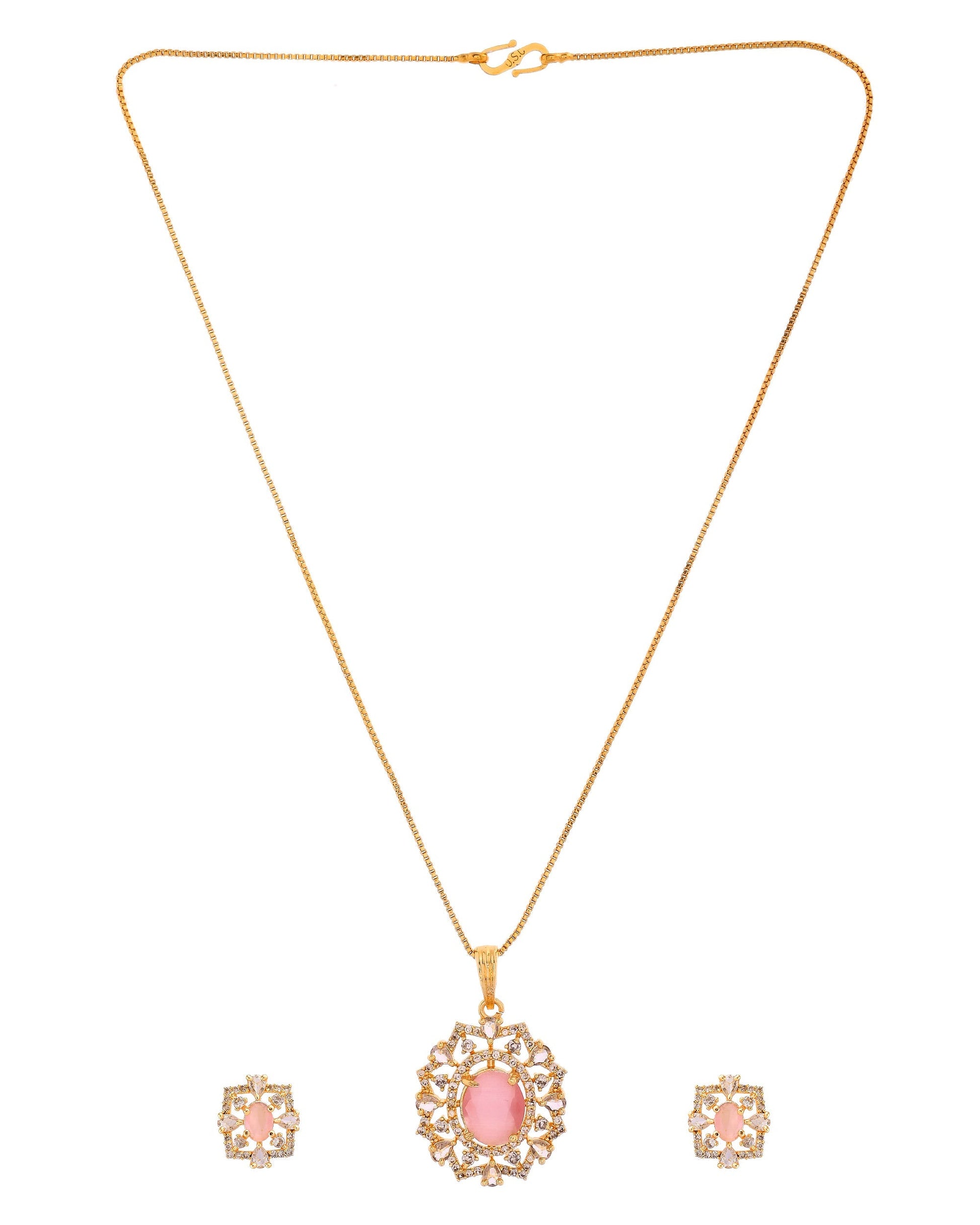 VOJ Gold Toned Baby Pink Oval Stone Studded Sun Shaped Ad Pendant With Chain Set  Grab2Buy VOJ Grab2Buy