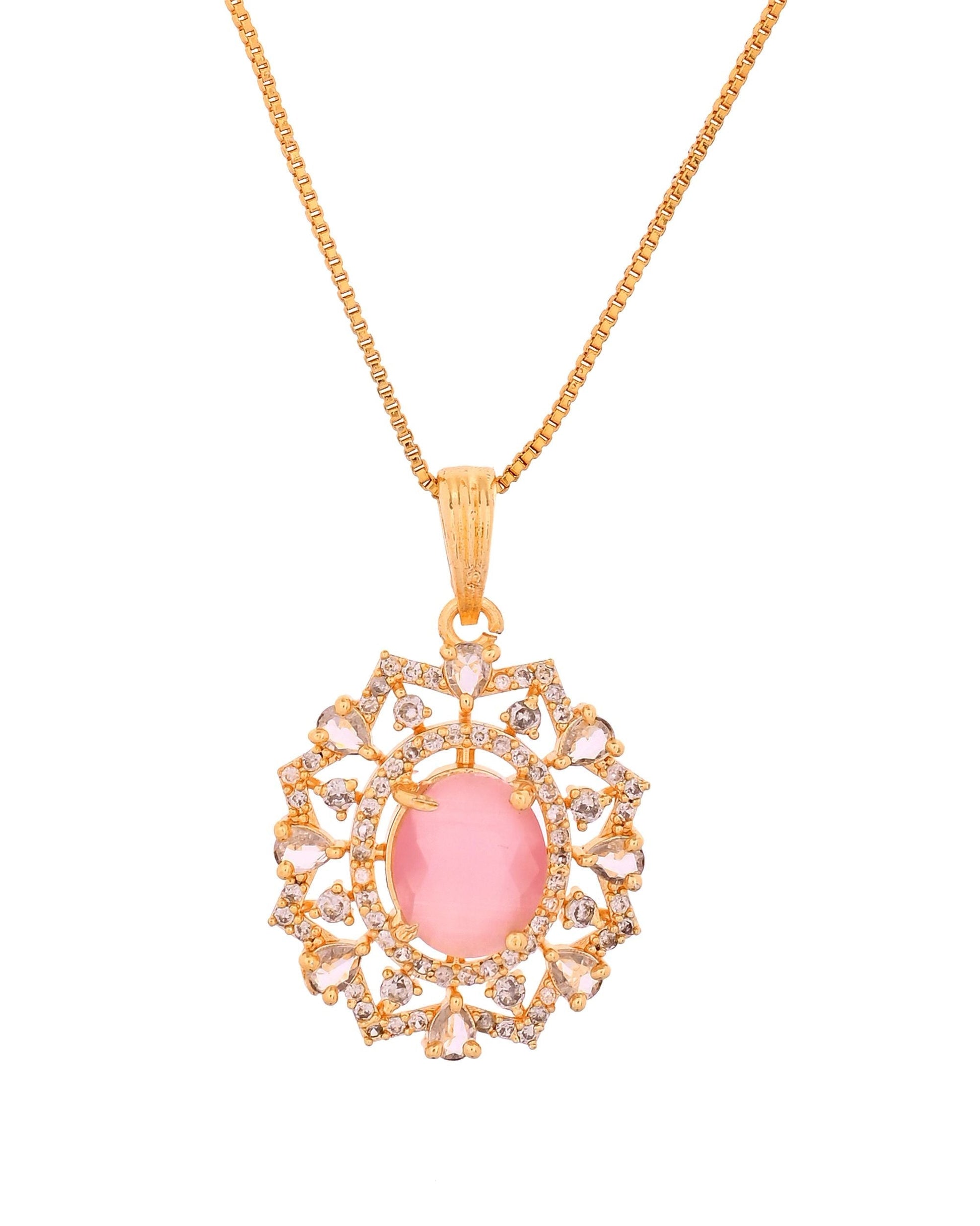 VOJ Gold Toned Baby Pink Oval Stone Studded Sun Shaped Ad Pendant With Chain Set  Grab2Buy VOJ Grab2Buy