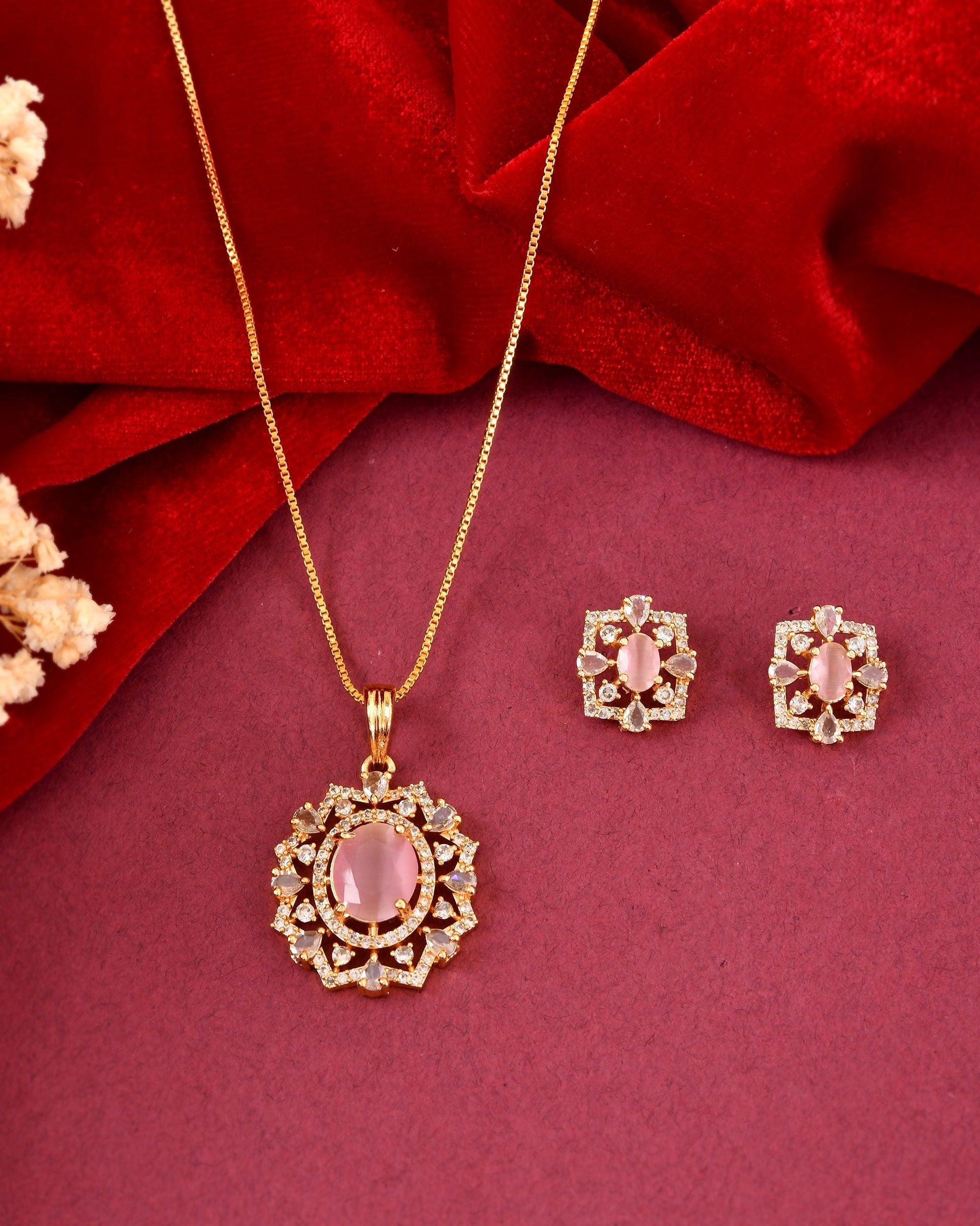 VOJ Gold Toned Baby Pink Oval Stone Studded Sun Shaped Ad Pendant With Chain Set  Grab2Buy VOJ Grab2Buy