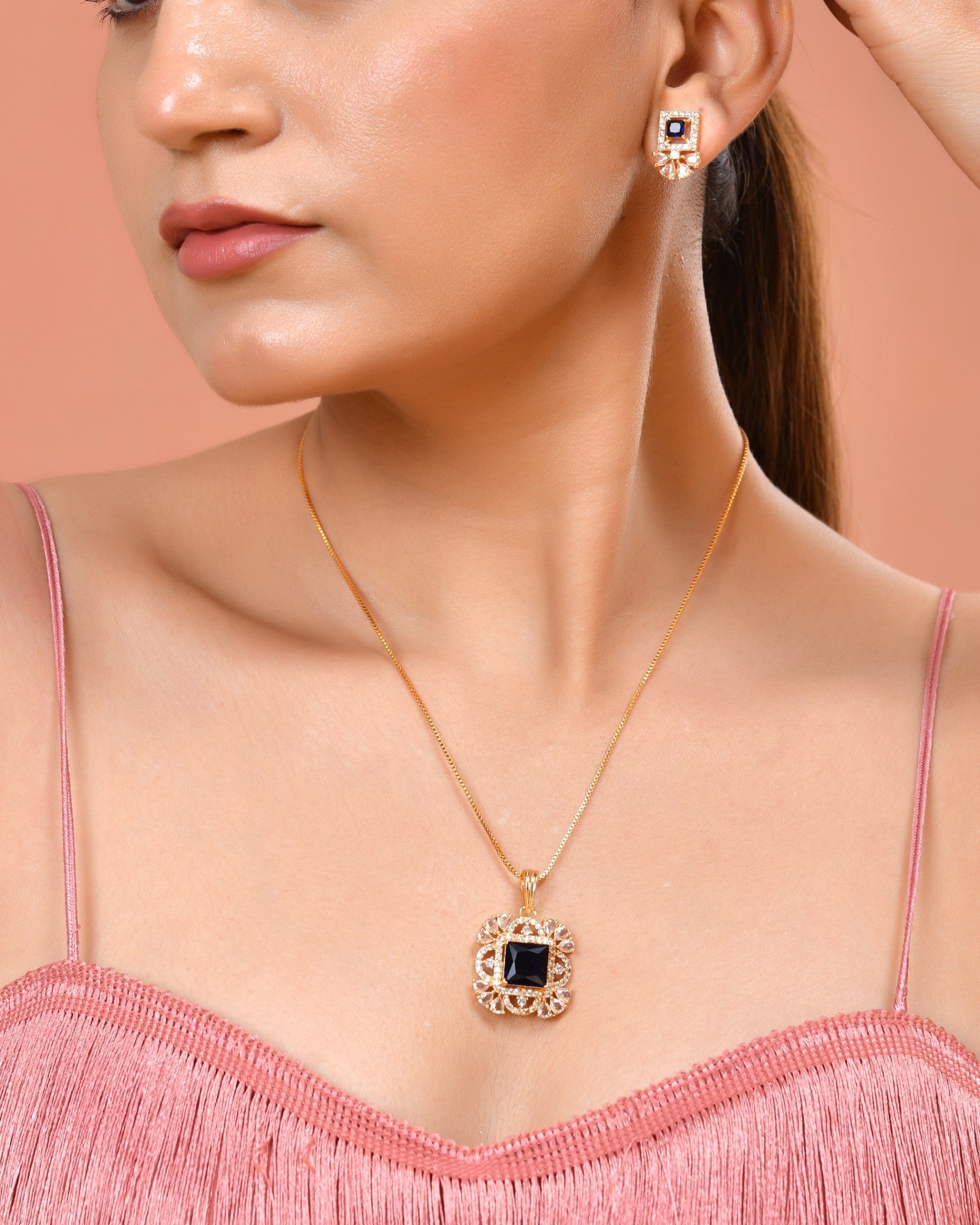 VOJ Gold Plated Blue Square Shaped Stone Studded Ad Chain Set  Grab2Buy VOJ Grab2Buy