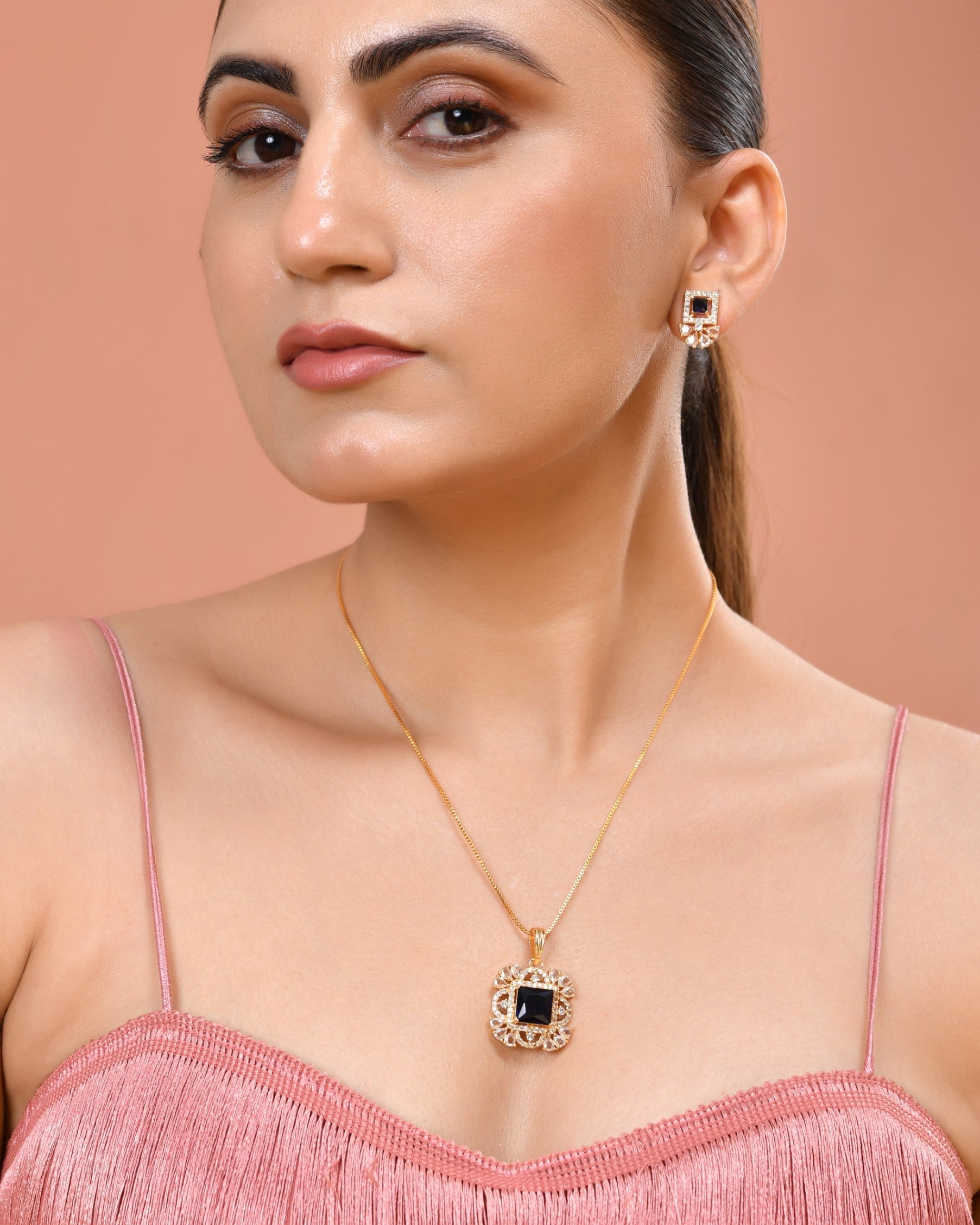 VOJ Gold Plated Blue Square Shaped Stone Studded Ad Chain Set  Grab2Buy VOJ Grab2Buy